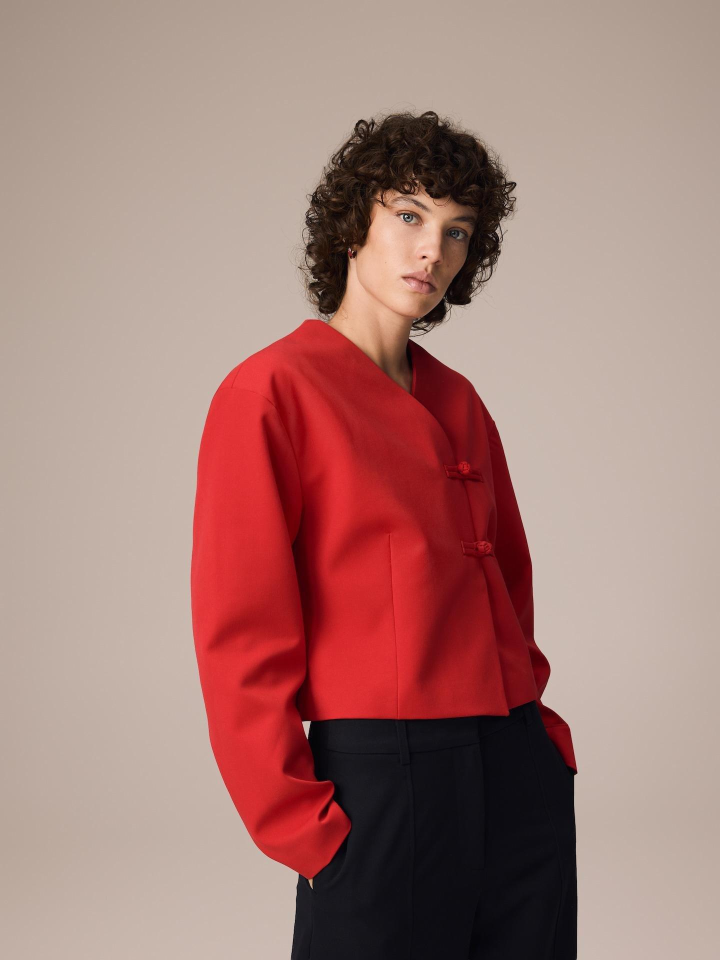 Red Blazer With Mandarin Fastening, Red, medium