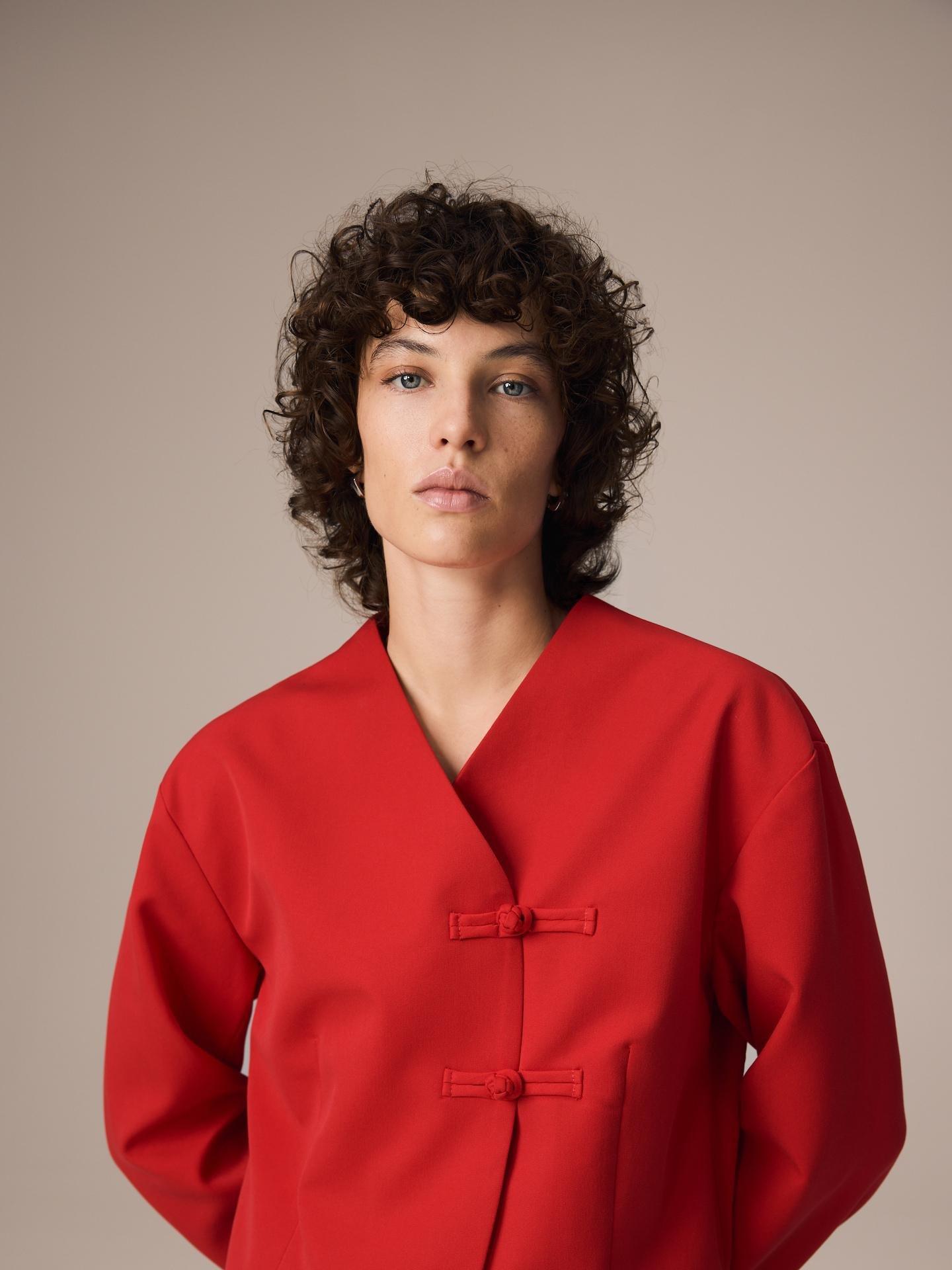 Red Blazer With Mandarin Fastening, Red, medium