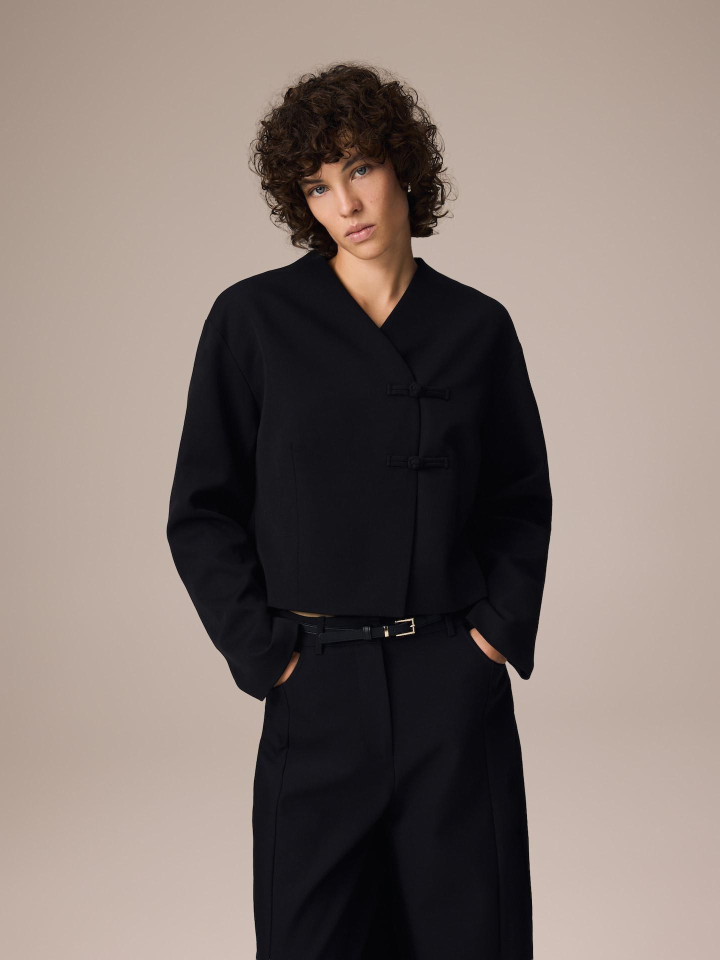 Black Blazer With Mandarin Fastening, Black, large image number 3