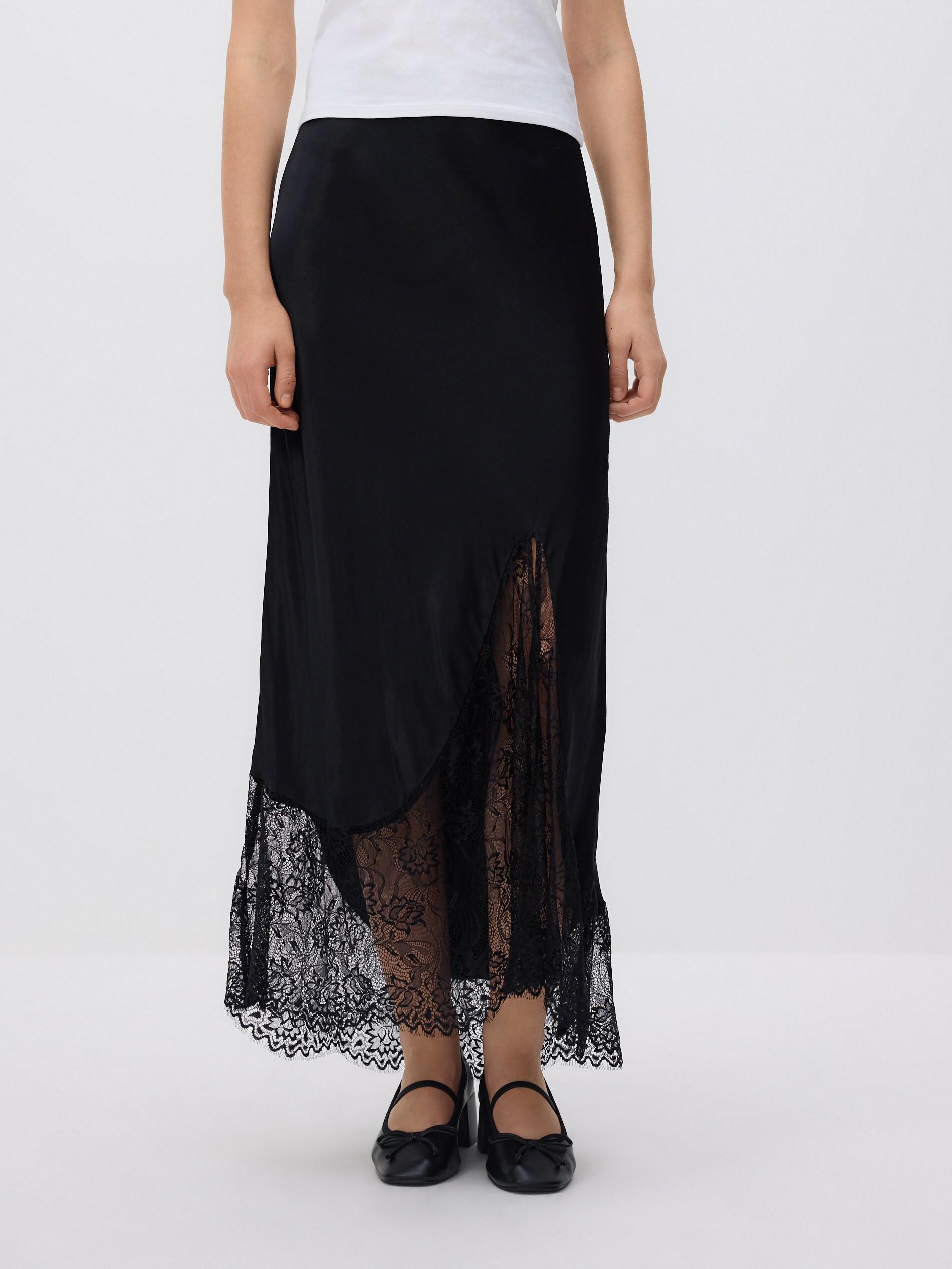 Black Maxi Skirt With Lace Inserts, Black, large image number 0