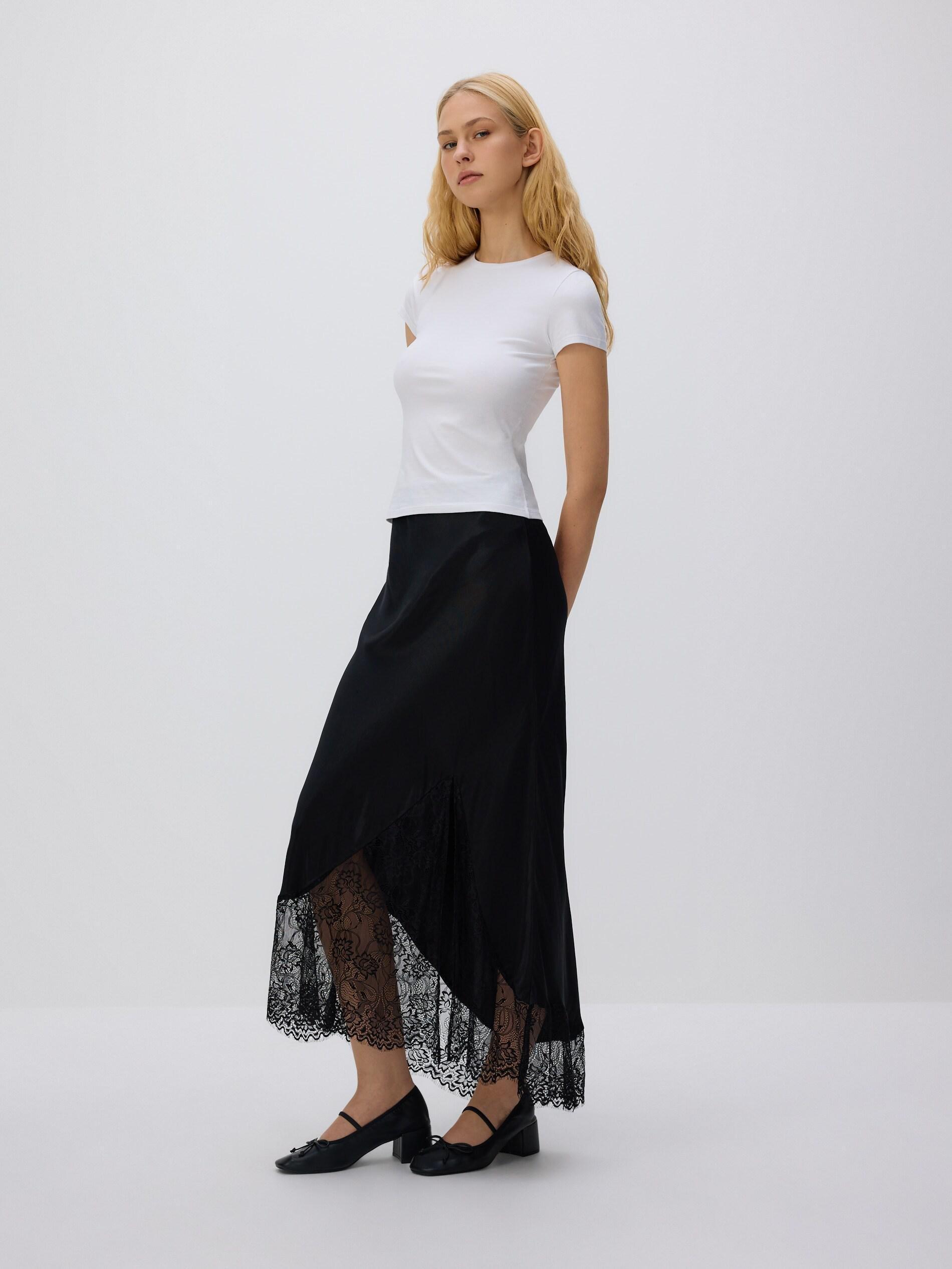 Black Maxi Skirt With Lace Inserts, Black, large image number 1