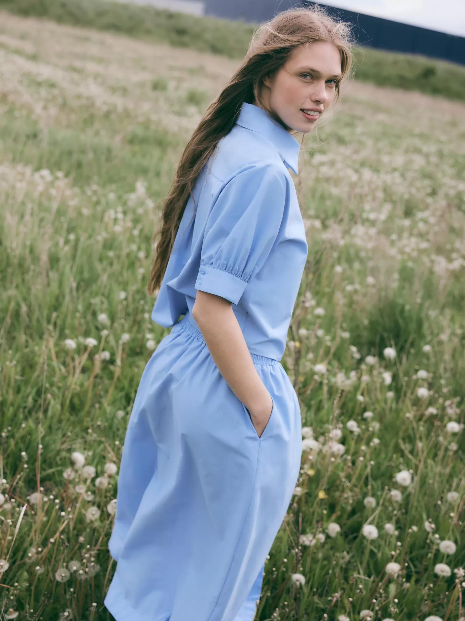Blue Cotton Midi Skirt, , large image number 0