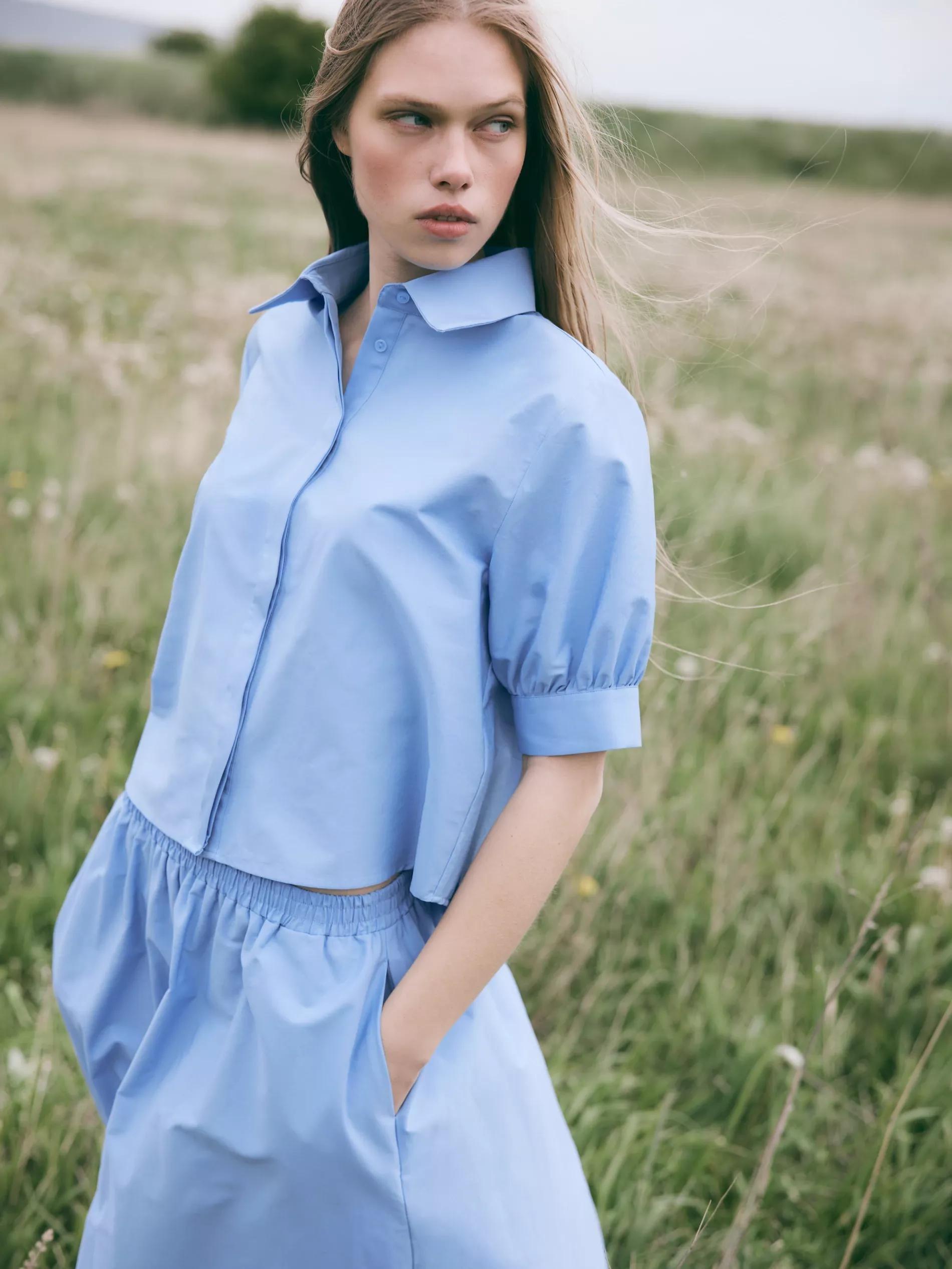 Blue Cotton Midi Skirt, , large image number 1