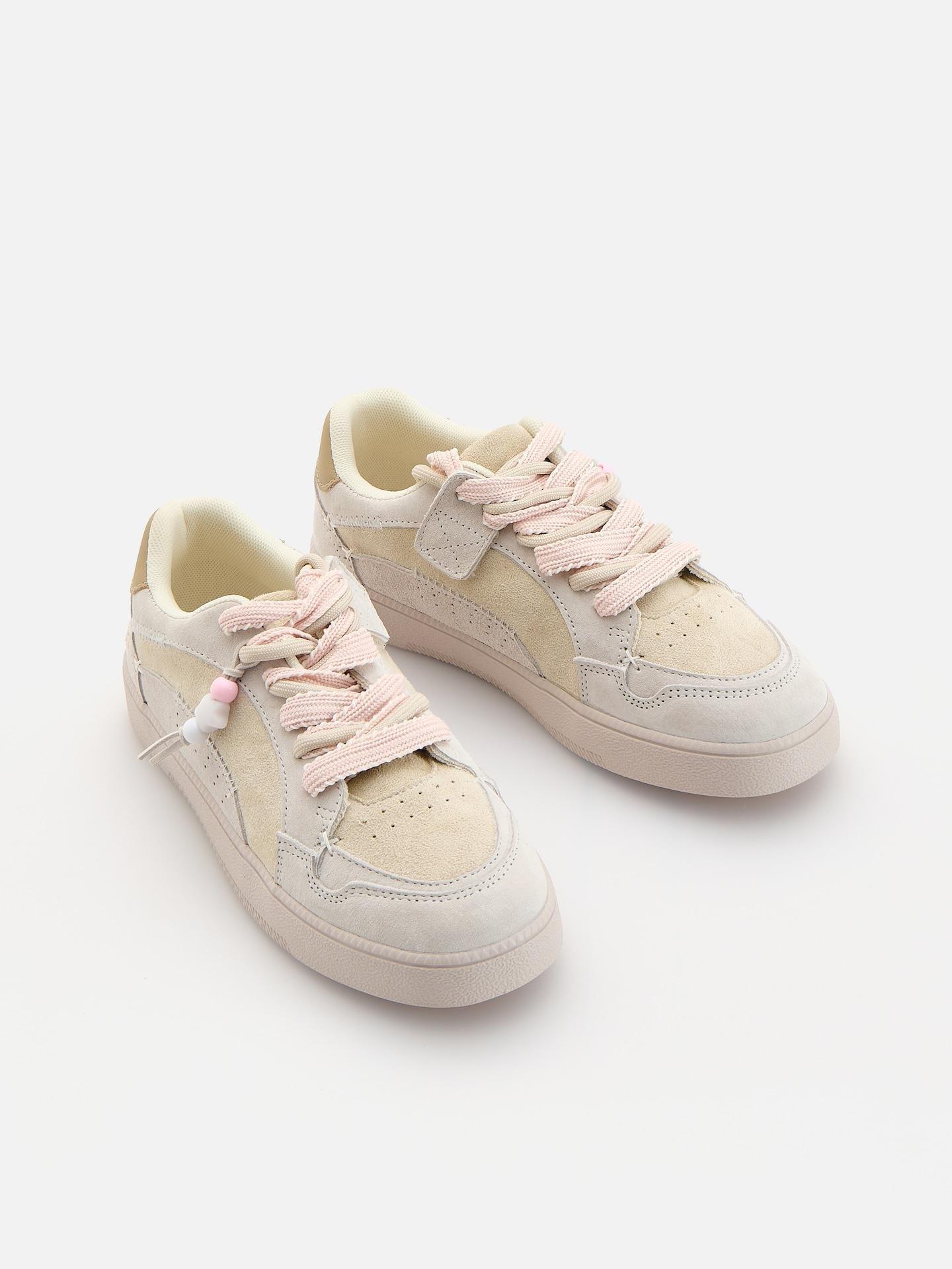 Beige Trainers With Genuine Leather, Ivory, medium