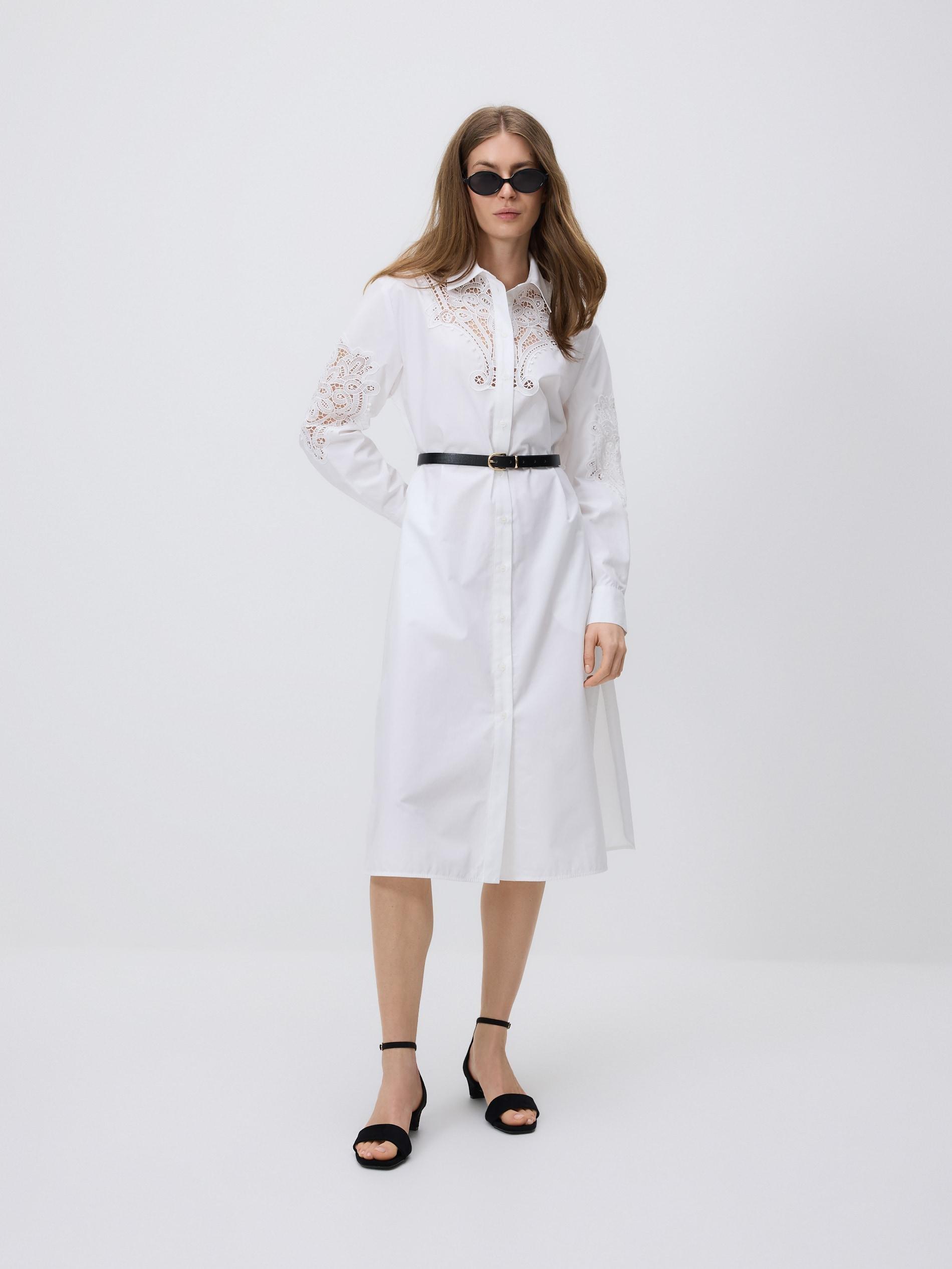 White Midi Dress With Belt, White, large image number 1