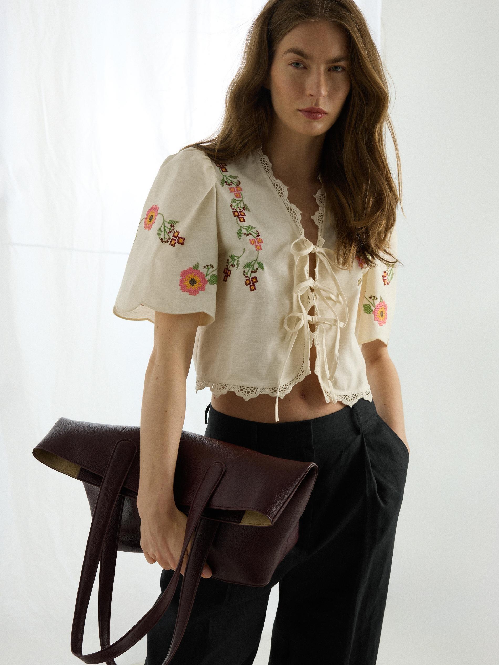 Beige Blouse With Embroidery Detailing, Beige, medium