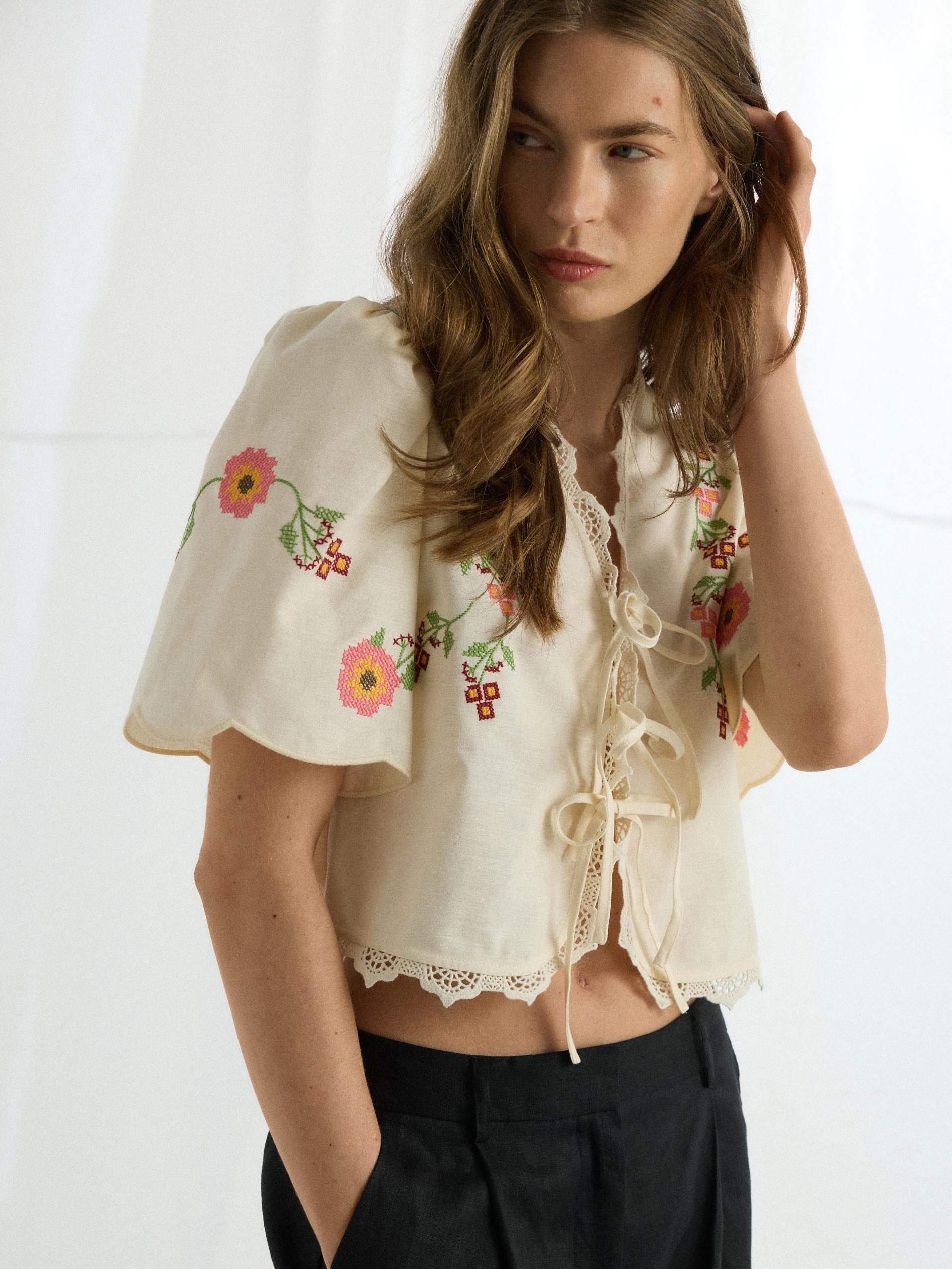 Beige Blouse With Embroidery Detailing, Beige, medium