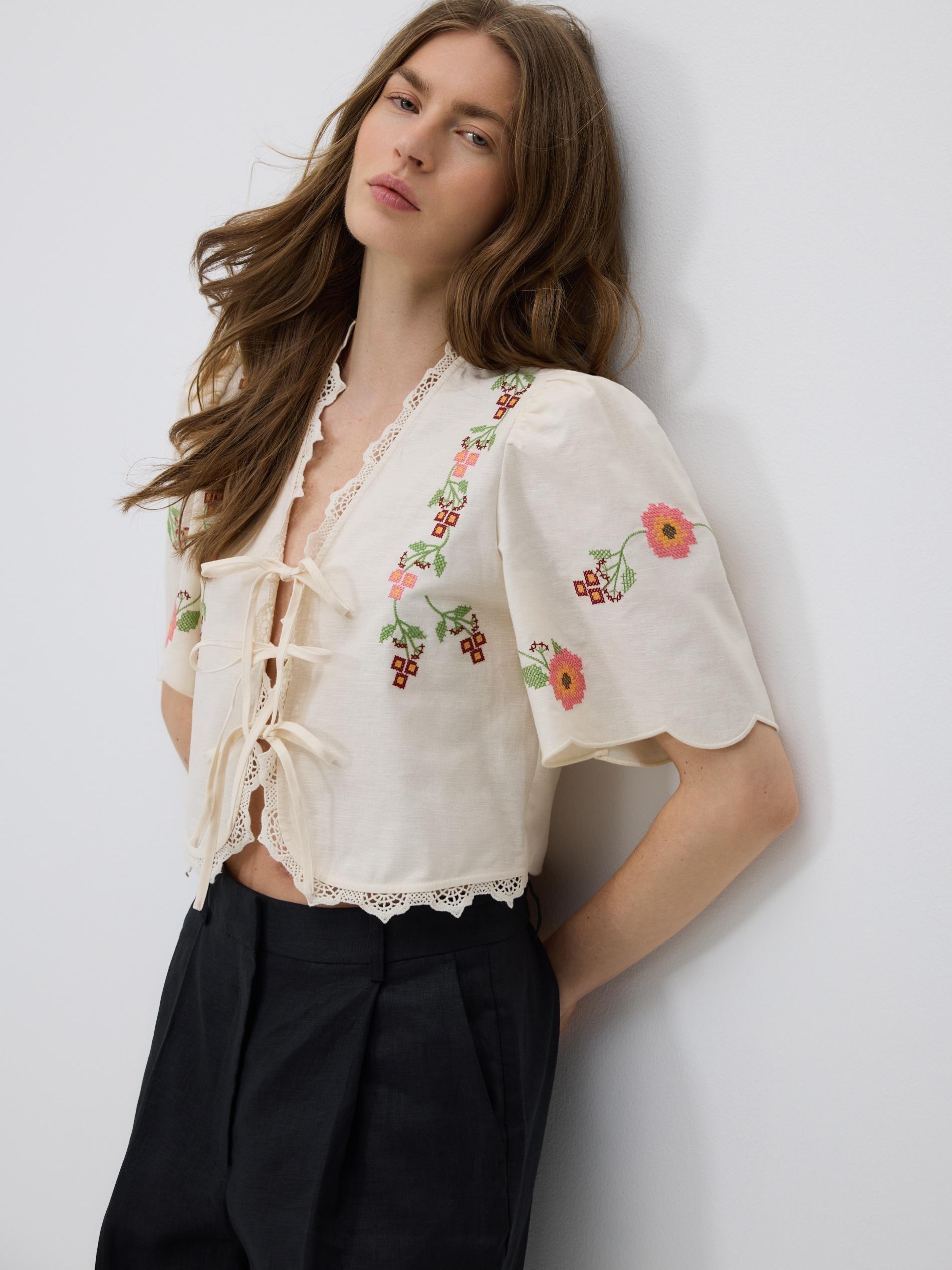 Beige Blouse With Embroidery Detailing, Beige, large image number 3
