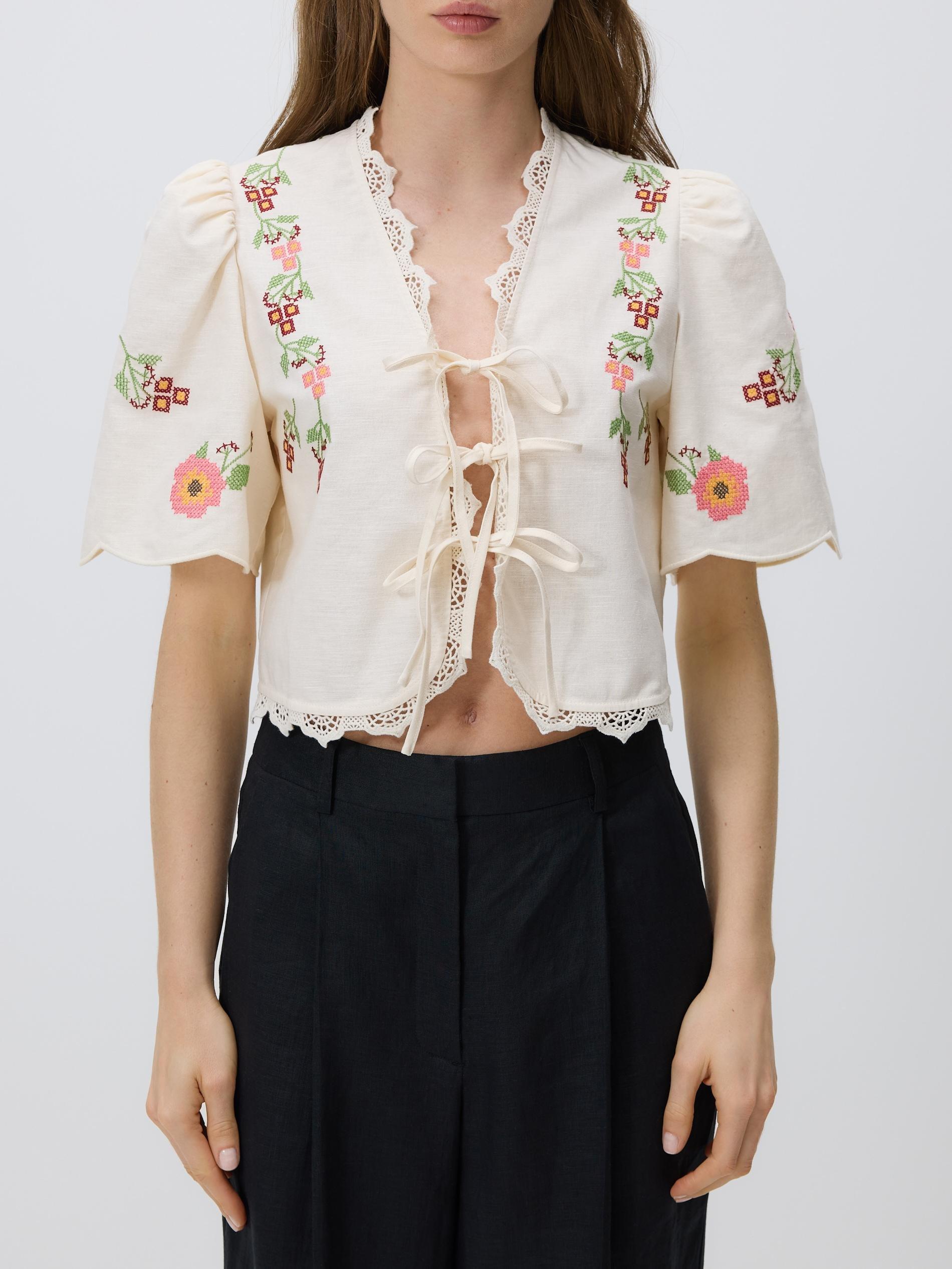 Beige Blouse With Embroidery Detailing, Beige, large image number 4