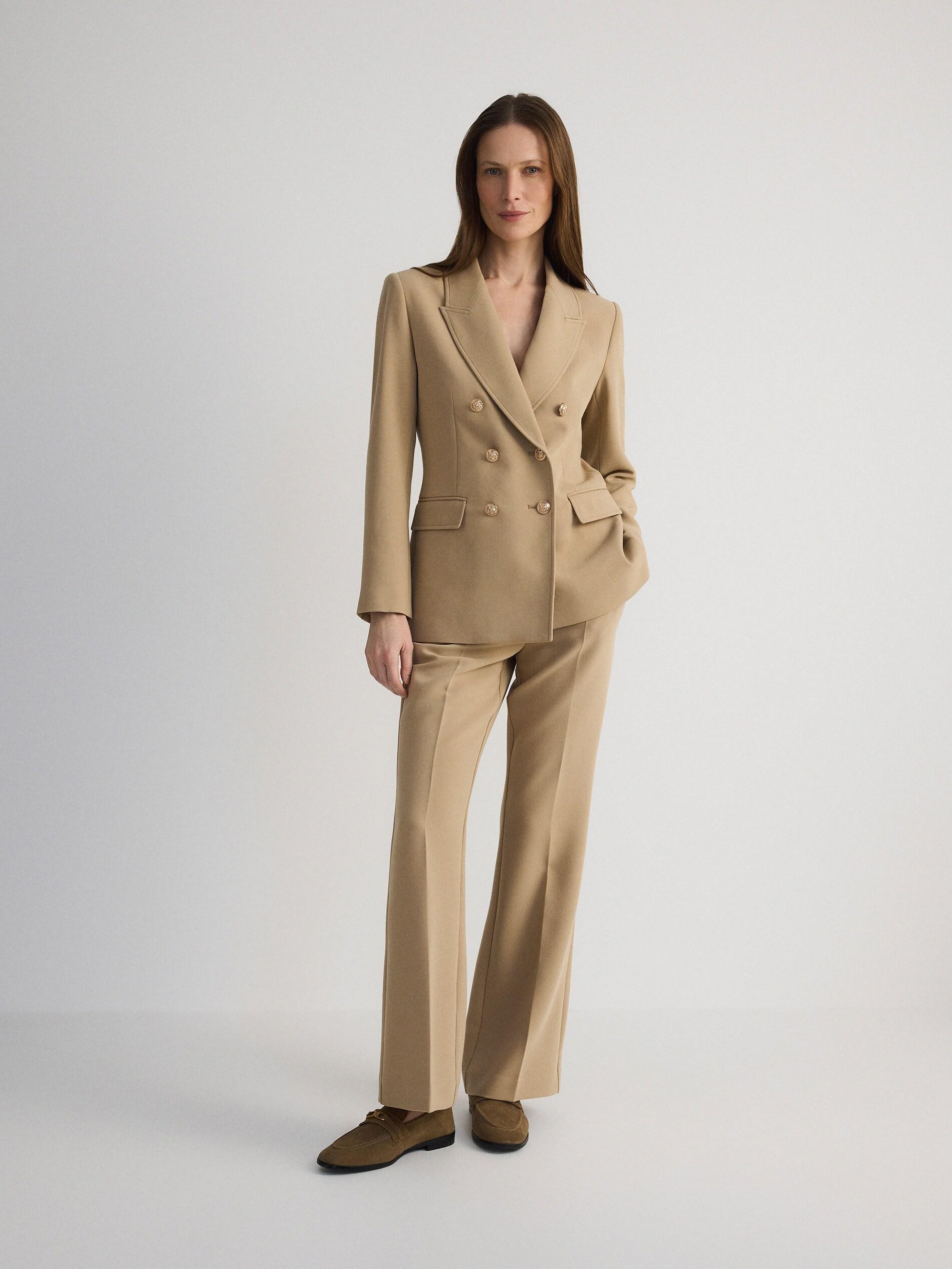 Beige Flare Trousers With Pressed Crease, Beige, medium