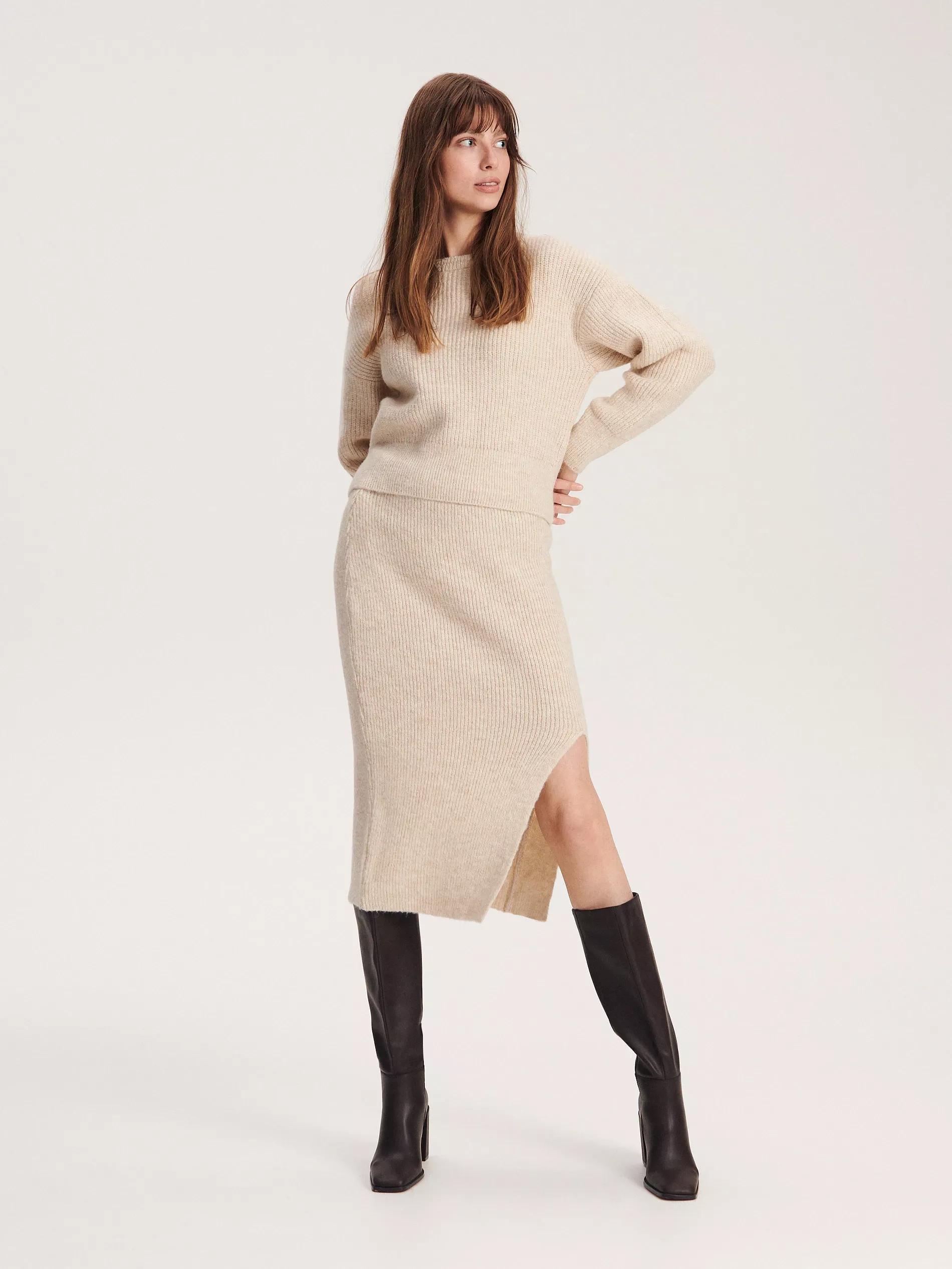 Beige Jersey Midi Skirt, , large image number 1