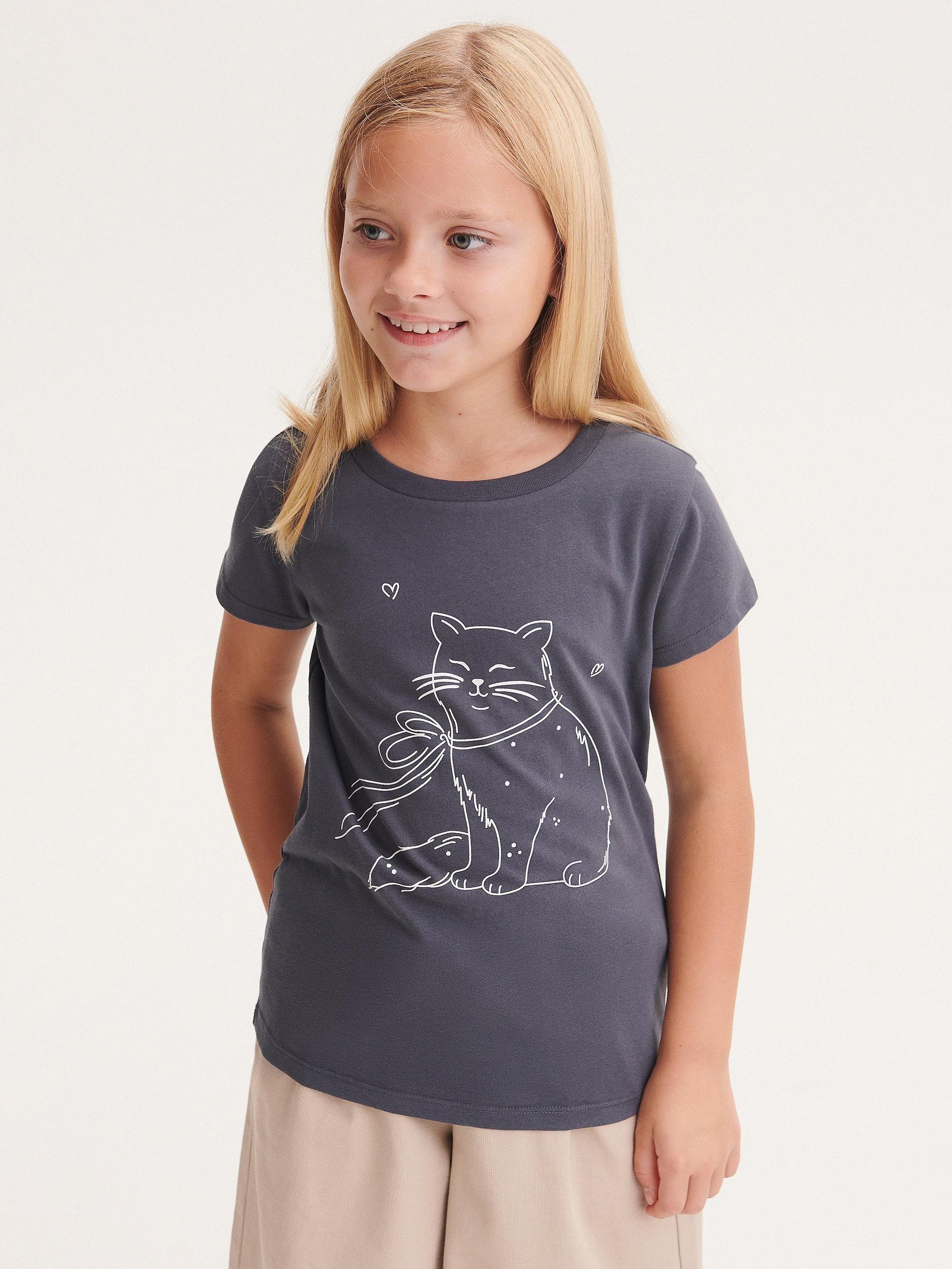 Grey Cotton T-Shirt With Print, Kids Girls, , large image number 0