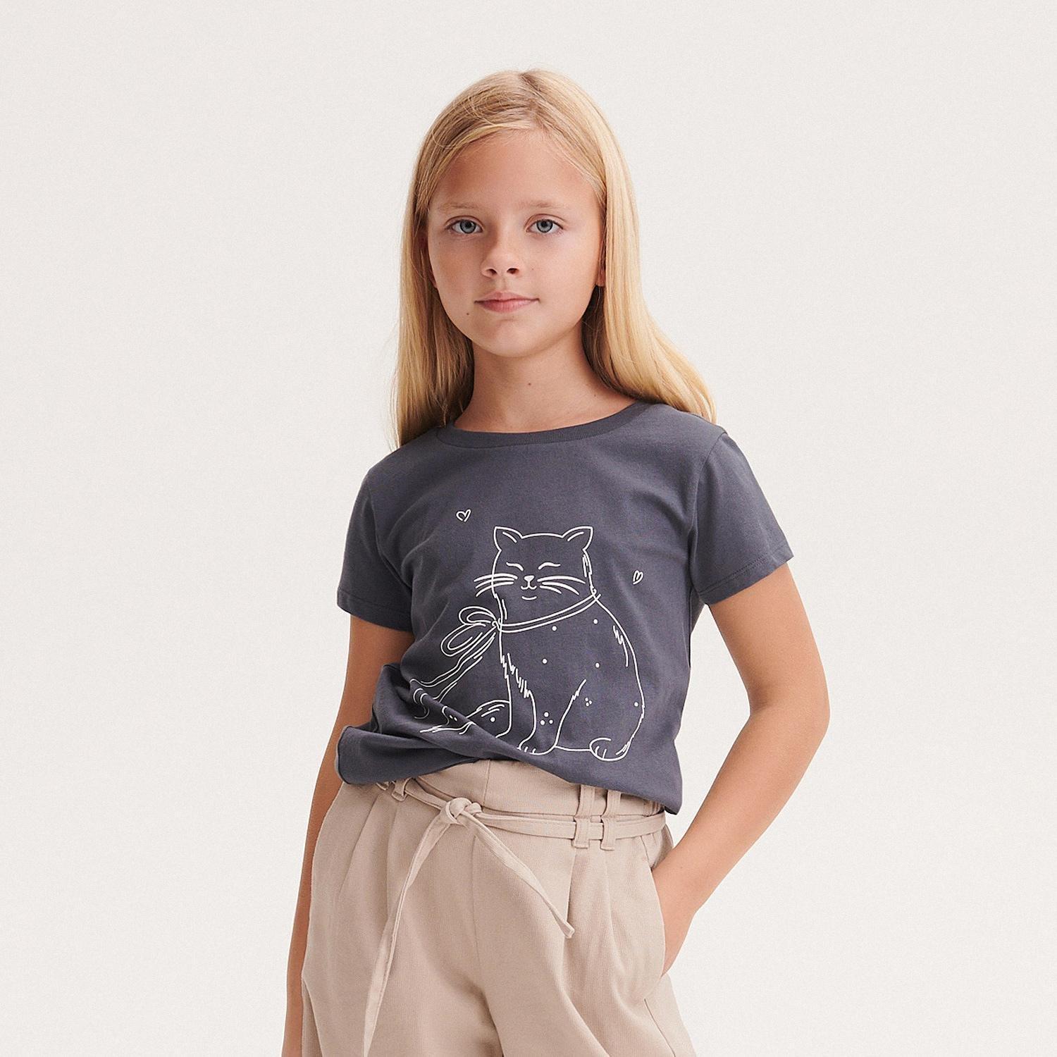 Grey Cotton T-Shirt With Print, Kids Girls, , large image number 3