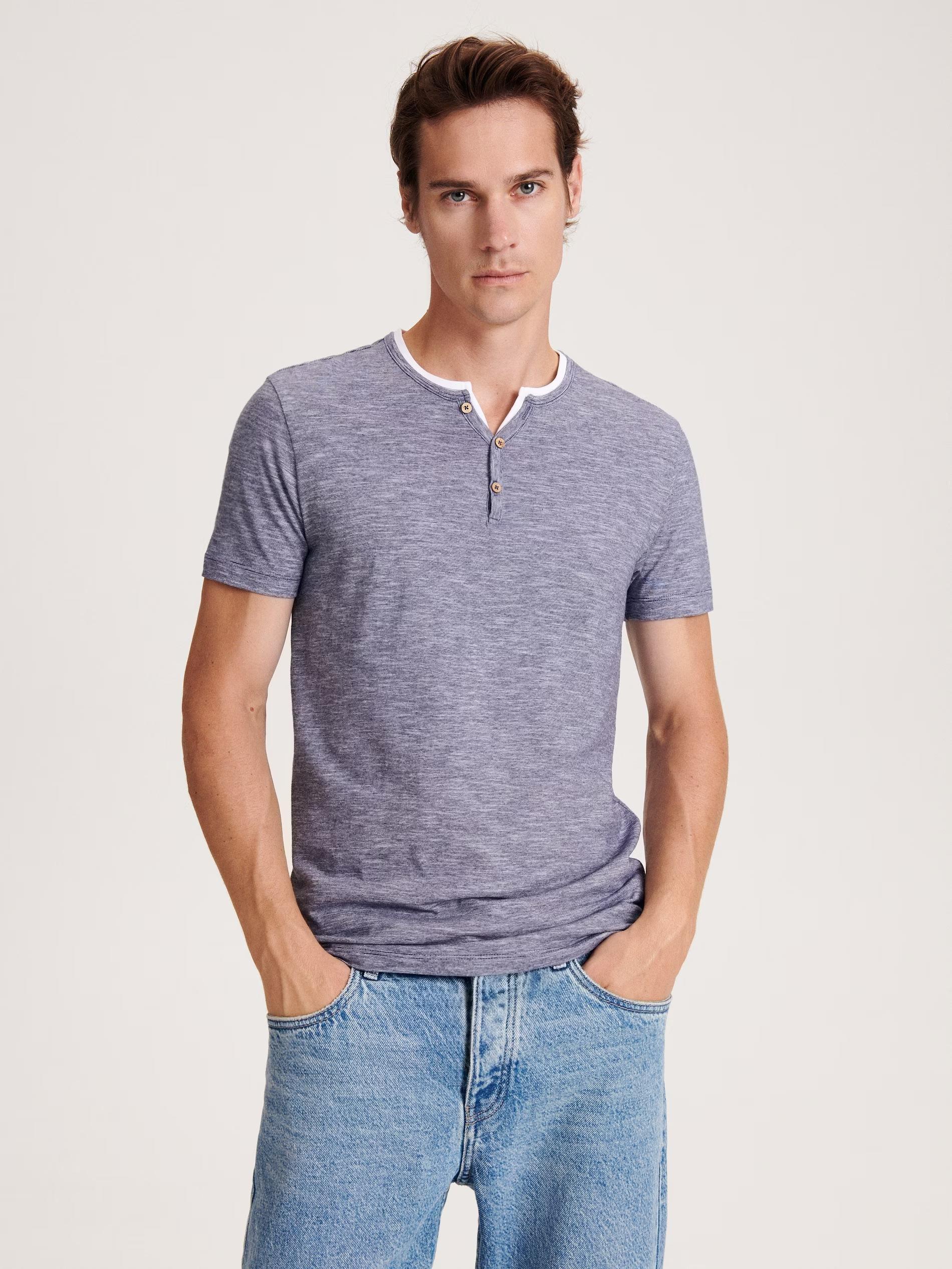 Blue Button-Fastened Neck Slim T-Shirt, , large image number 0