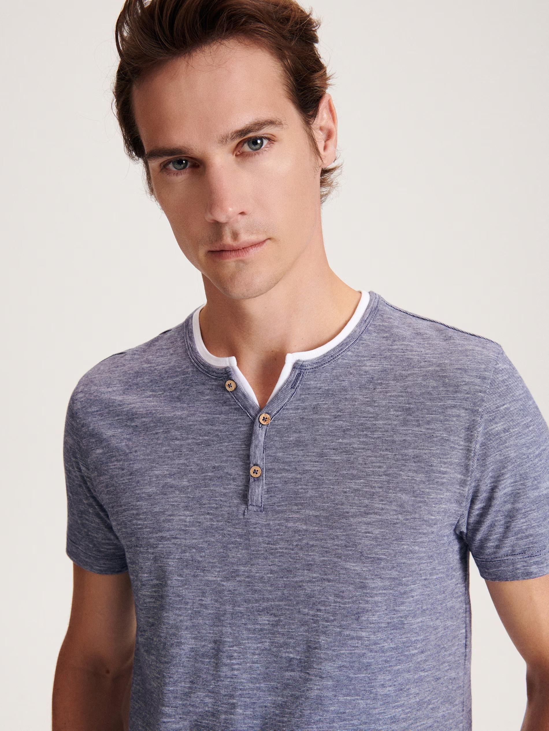 Blue Button-Fastened Neck Slim T-Shirt, , large image number 1