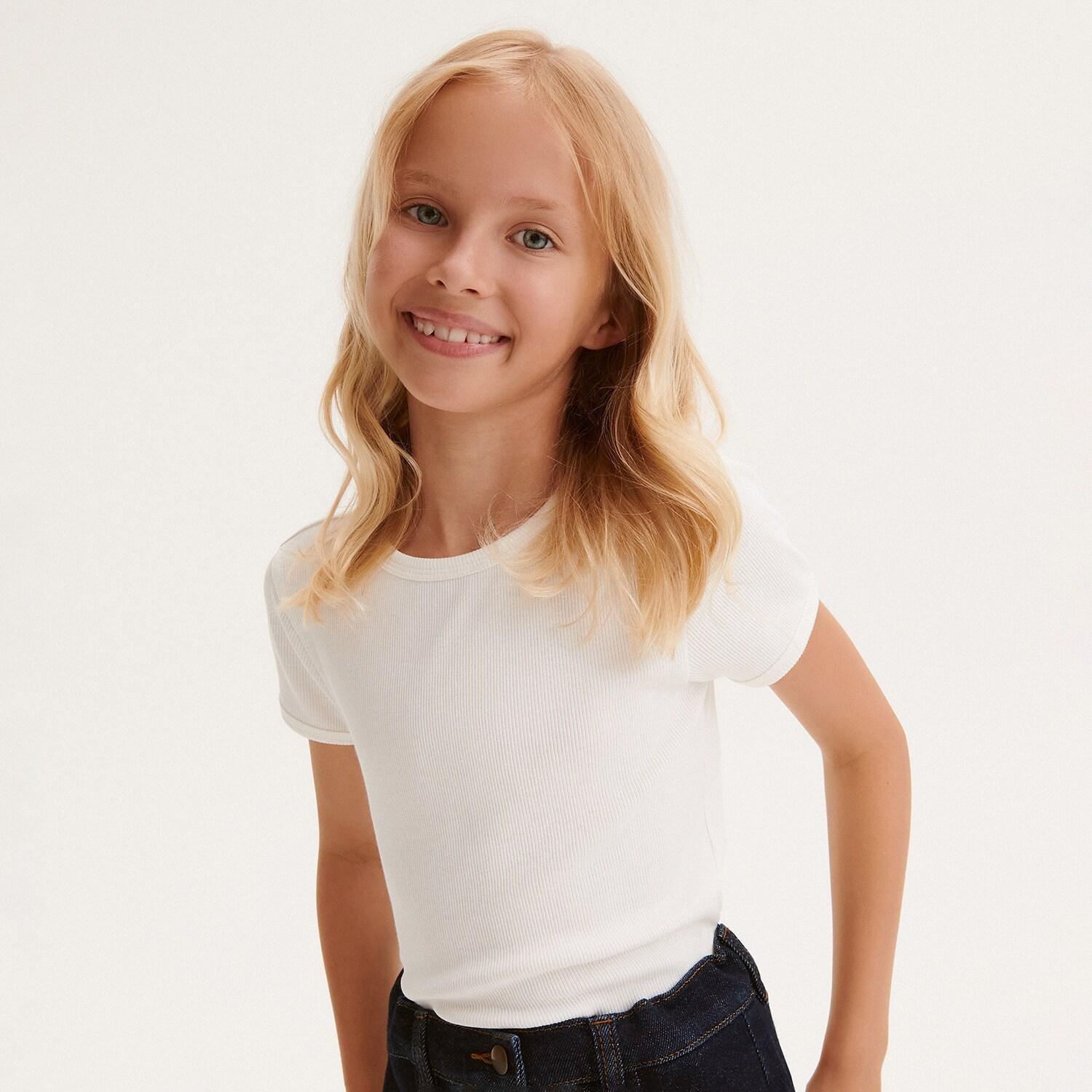 Cream Rib Knit Cotton Rich T-Shirt, Kids Girls, , large image number 4