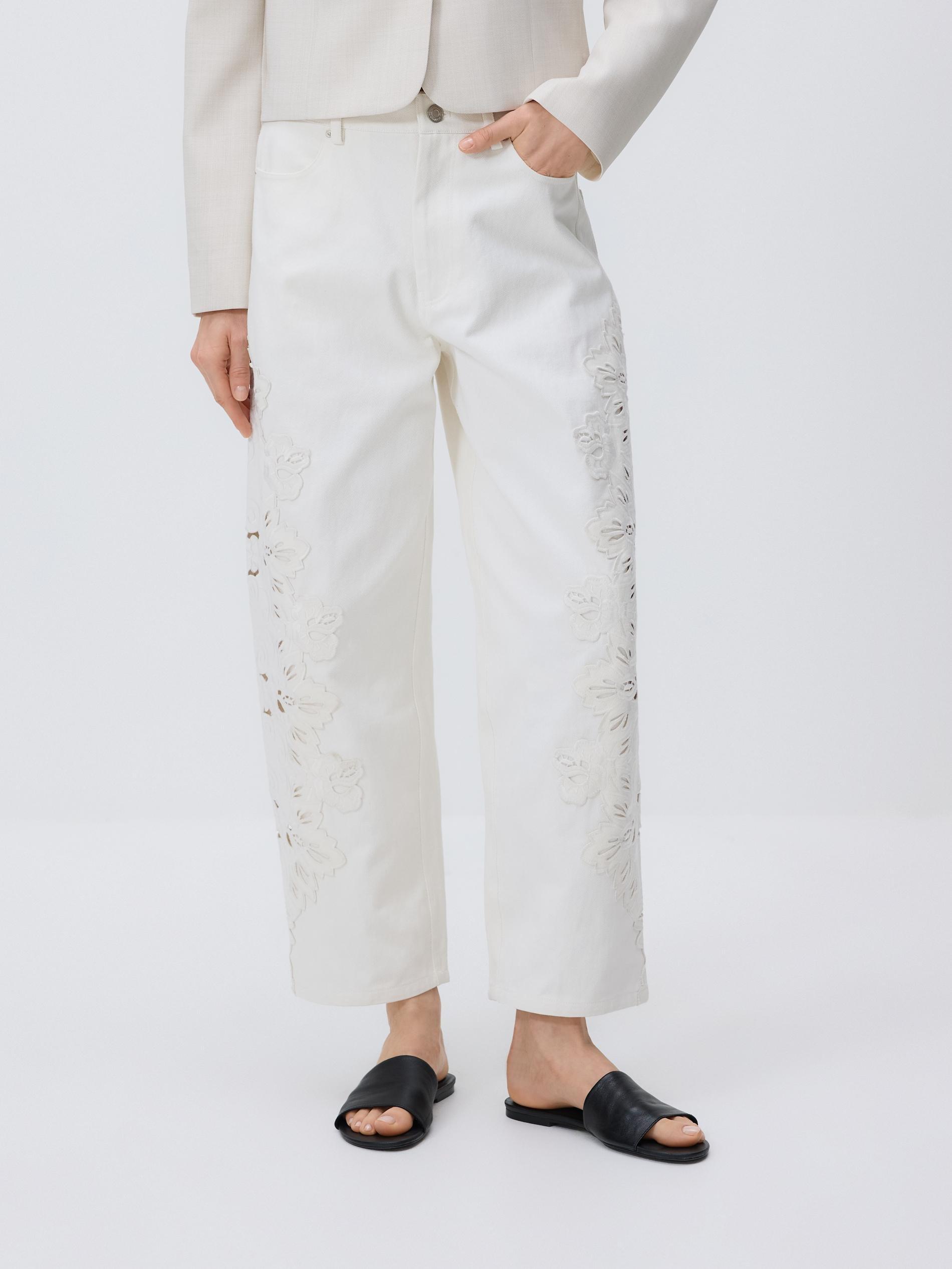 White Straight Jeans With Embroidery Detailing, White, large image number 0