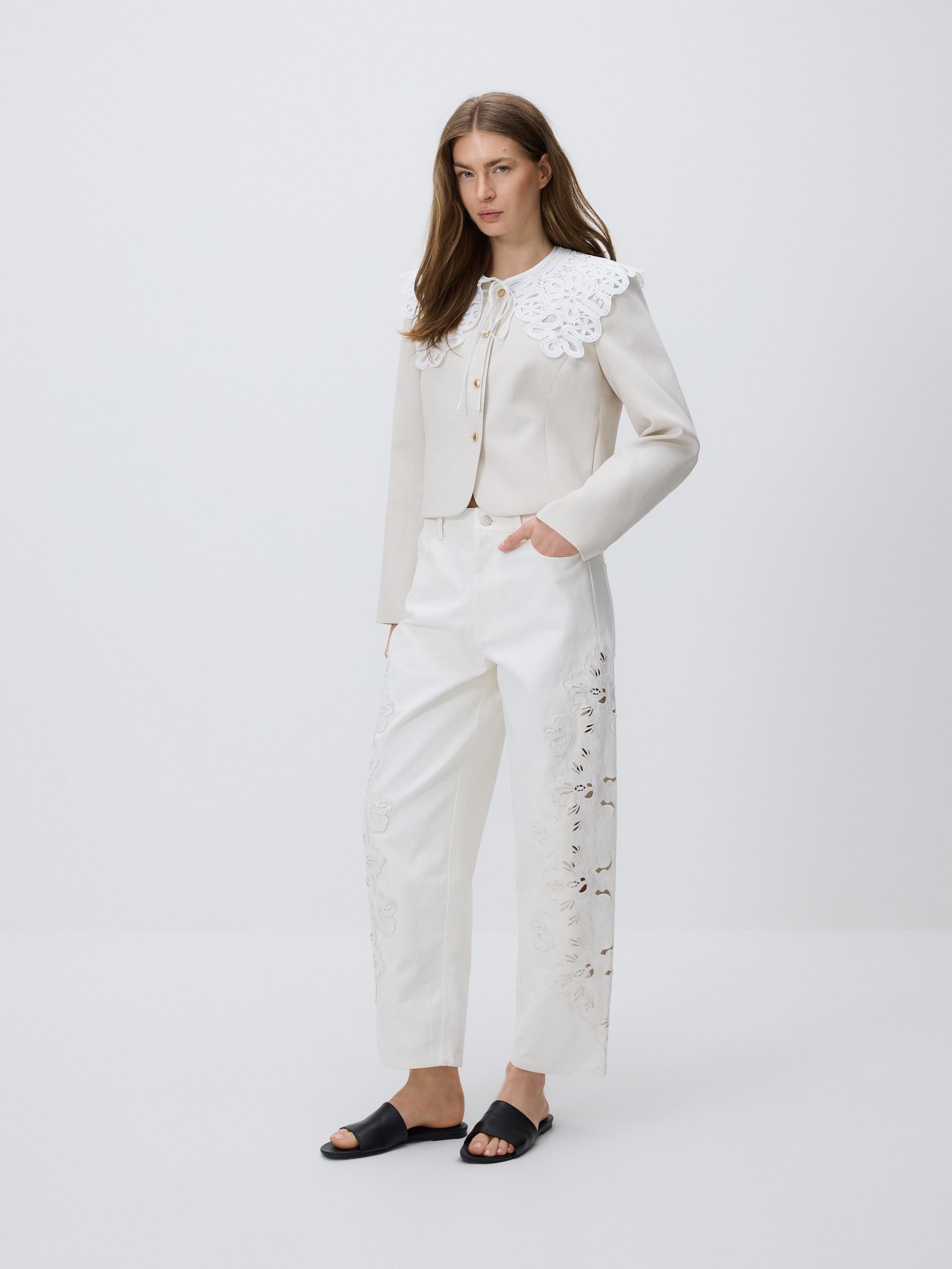 White Straight Jeans With Embroidery Detailing, White, medium