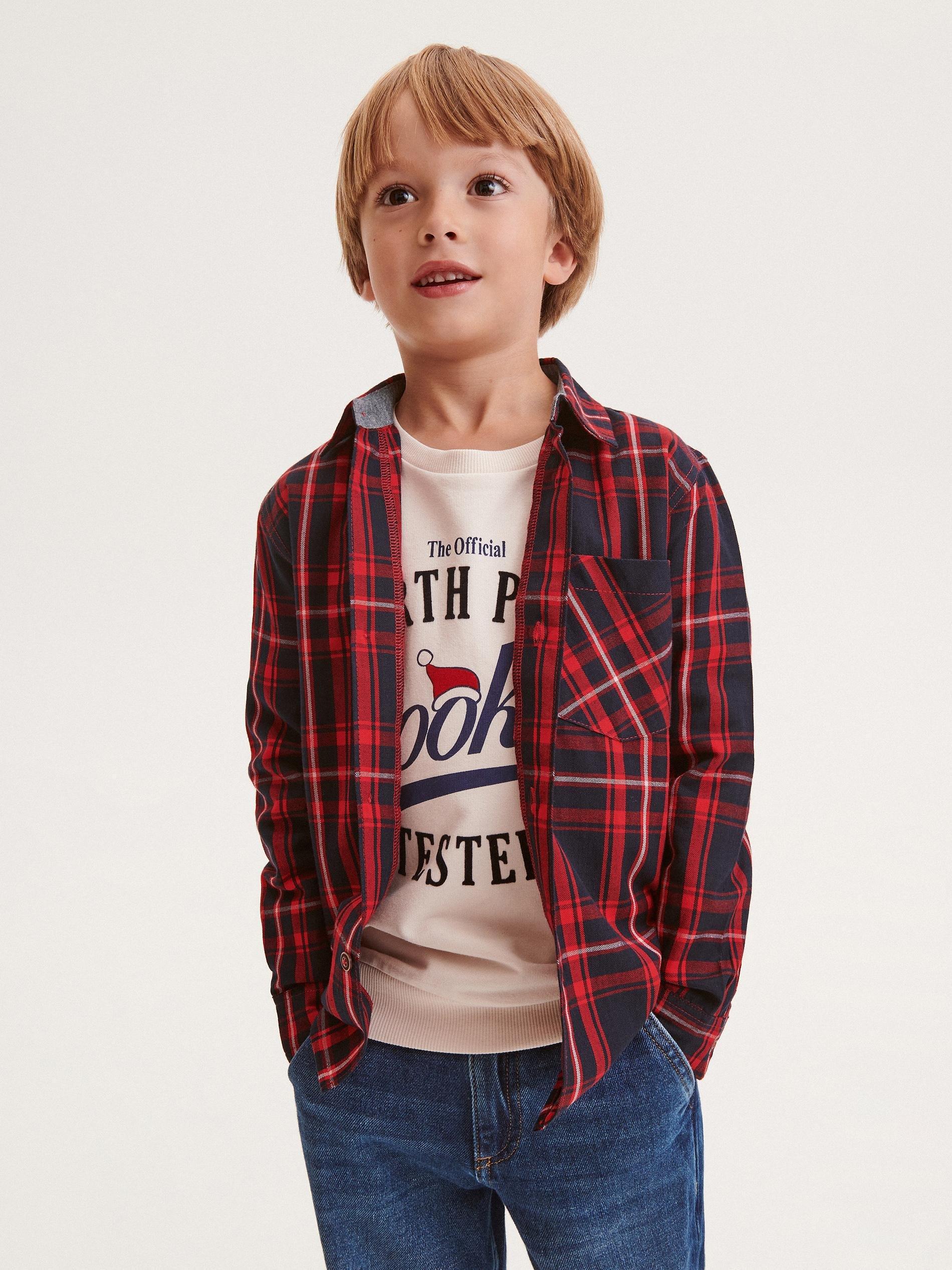 Blue Checked Cotton Shirt, Kids Boys, , large image number 0