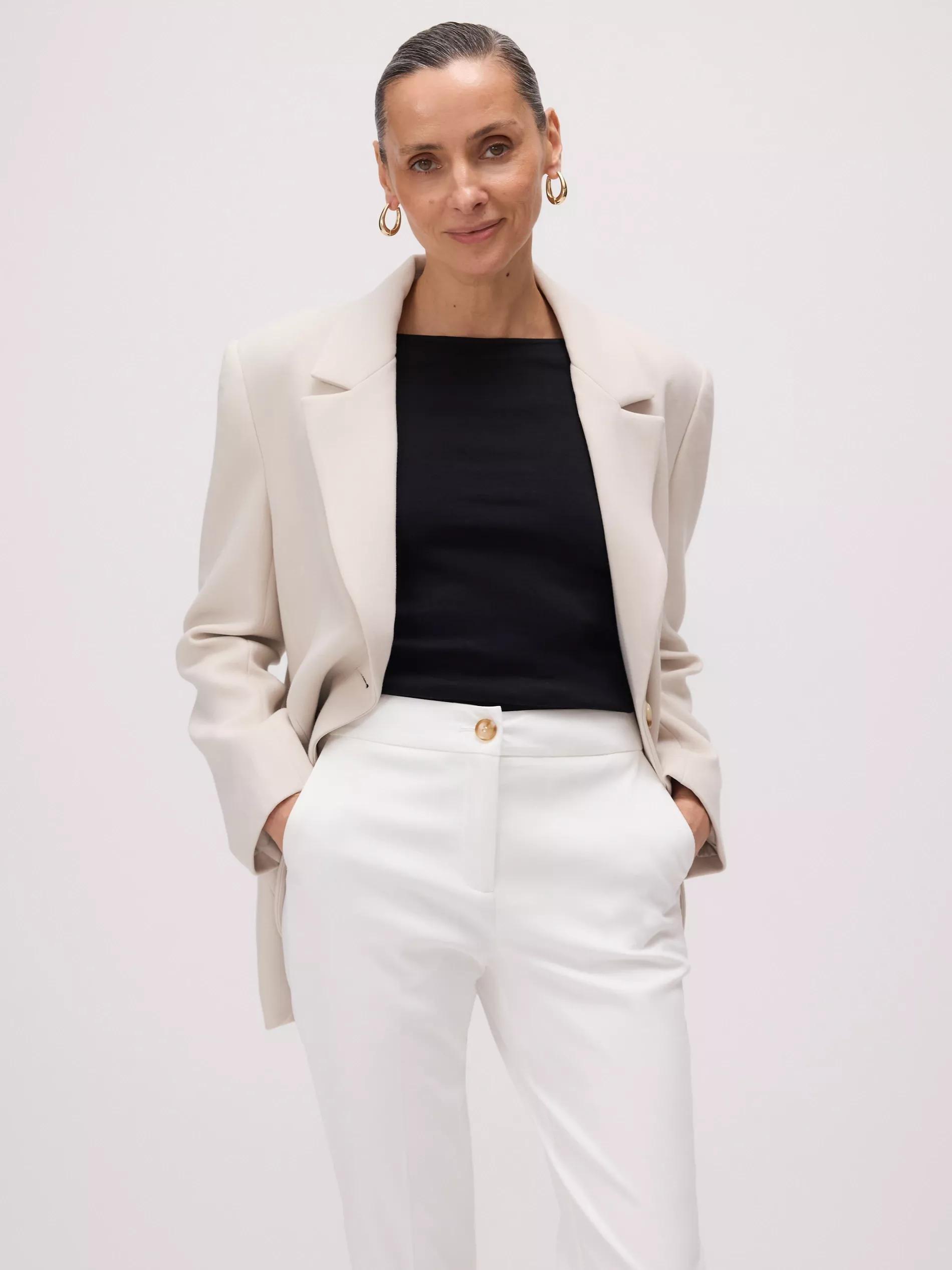 Cream Slim Striped Pants, , large image number 2