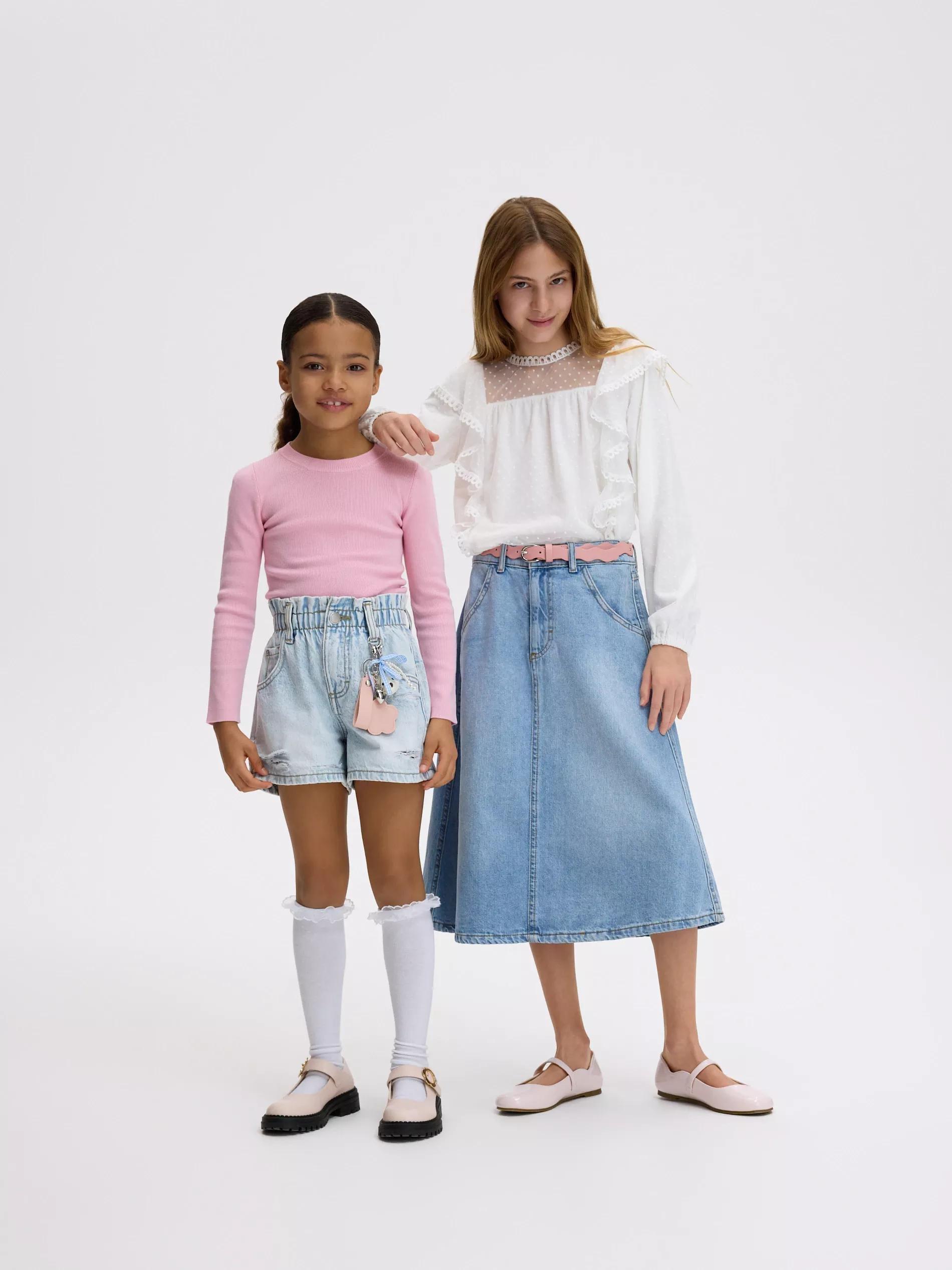 Blue Paper Bag Denim Shorts, Kids Girls, , large image number 0