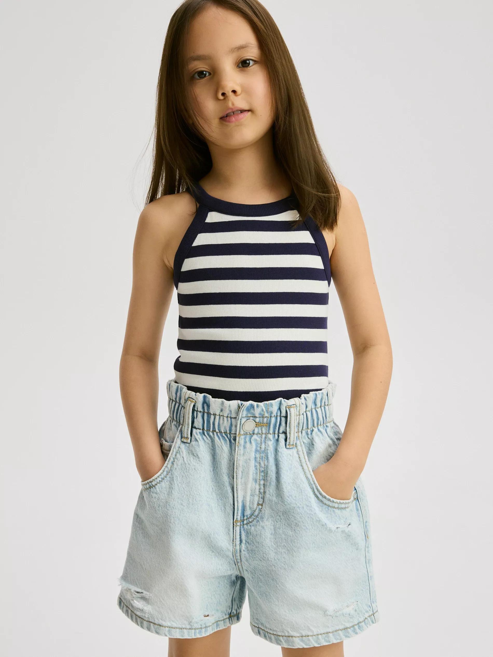 Blue Paper Bag Denim Shorts, Kids Girls, , large image number 2