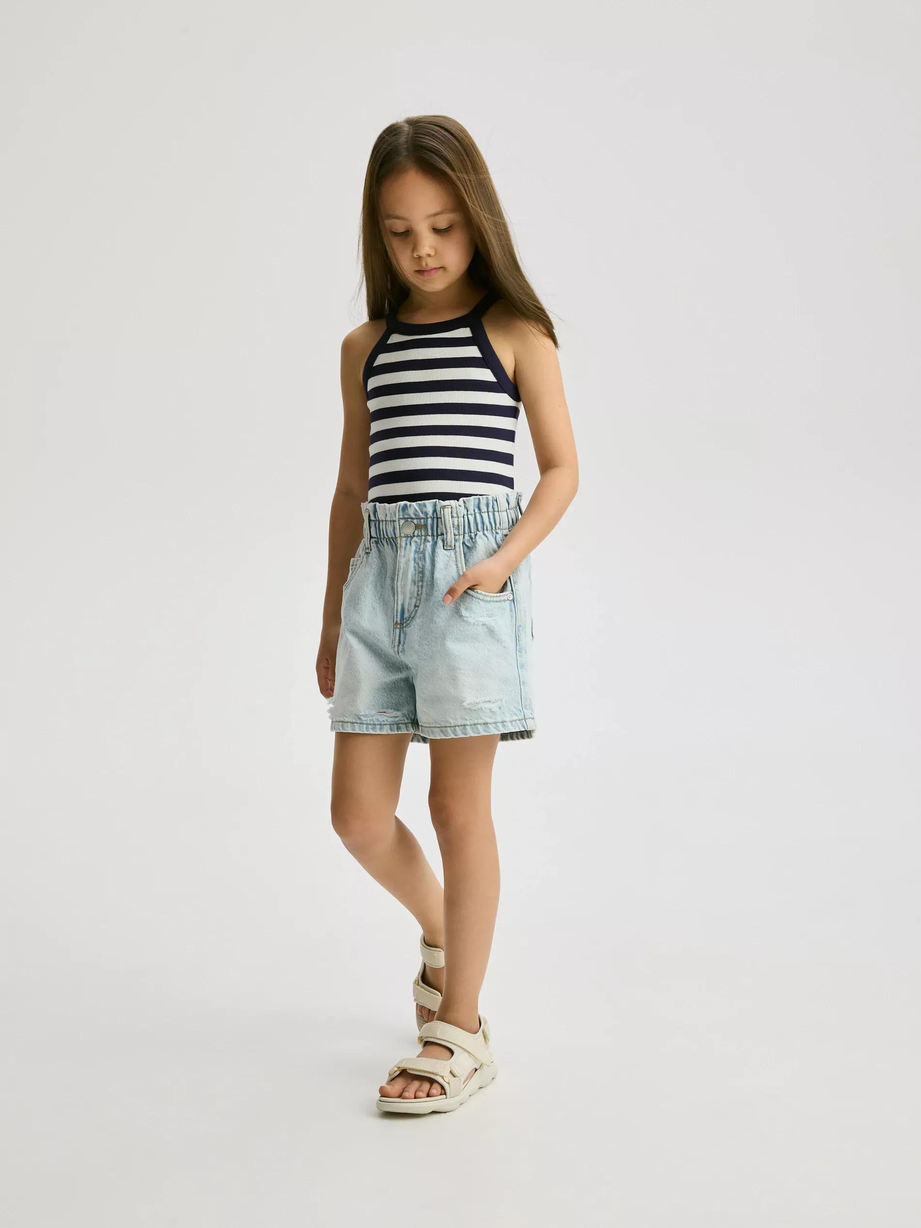 Blue Paper Bag Denim Shorts, Kids Girls, , large image number 4