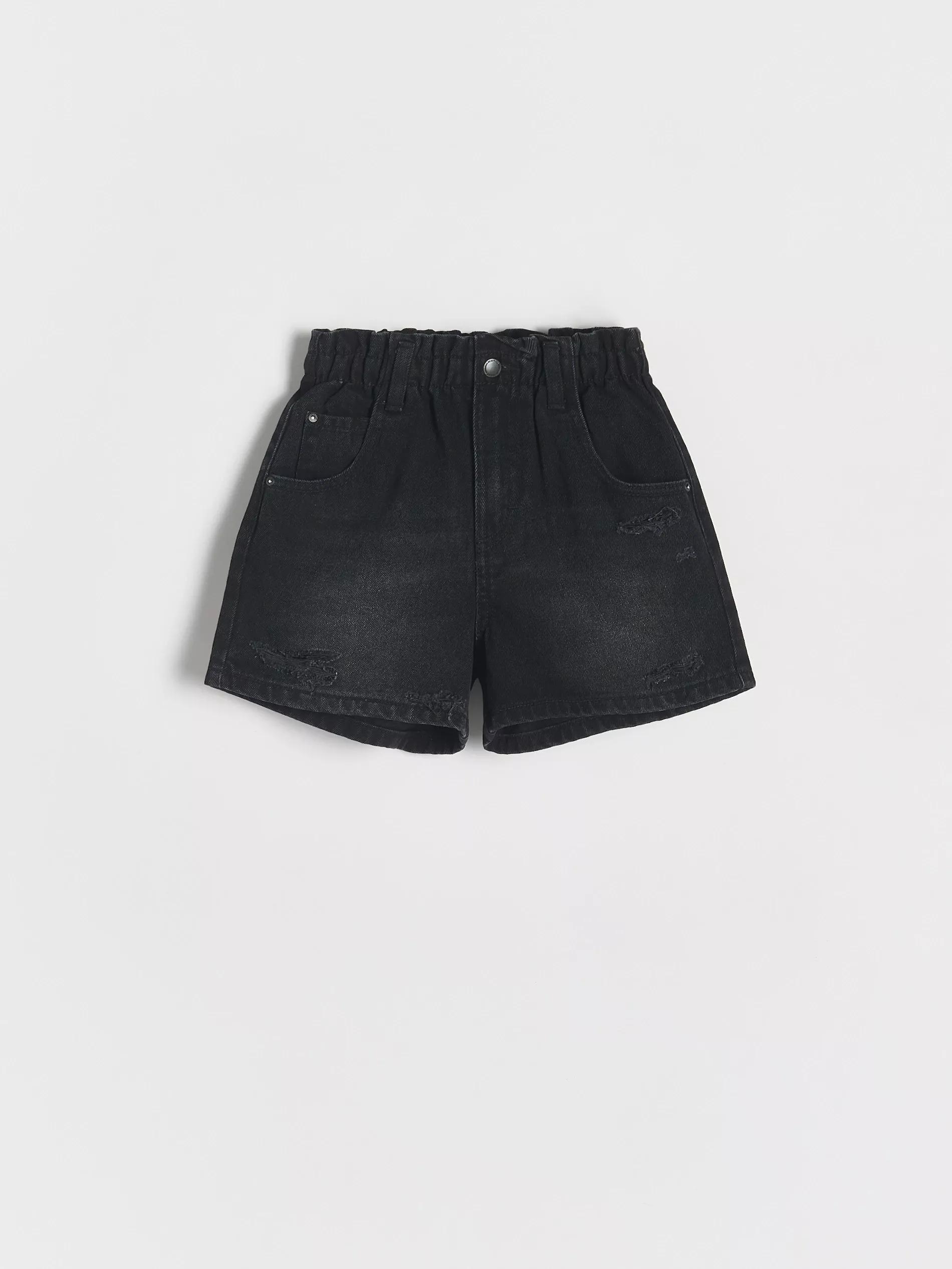 Black Paper Bag Denim Shorts, Kids Girls, Black, large image number 0