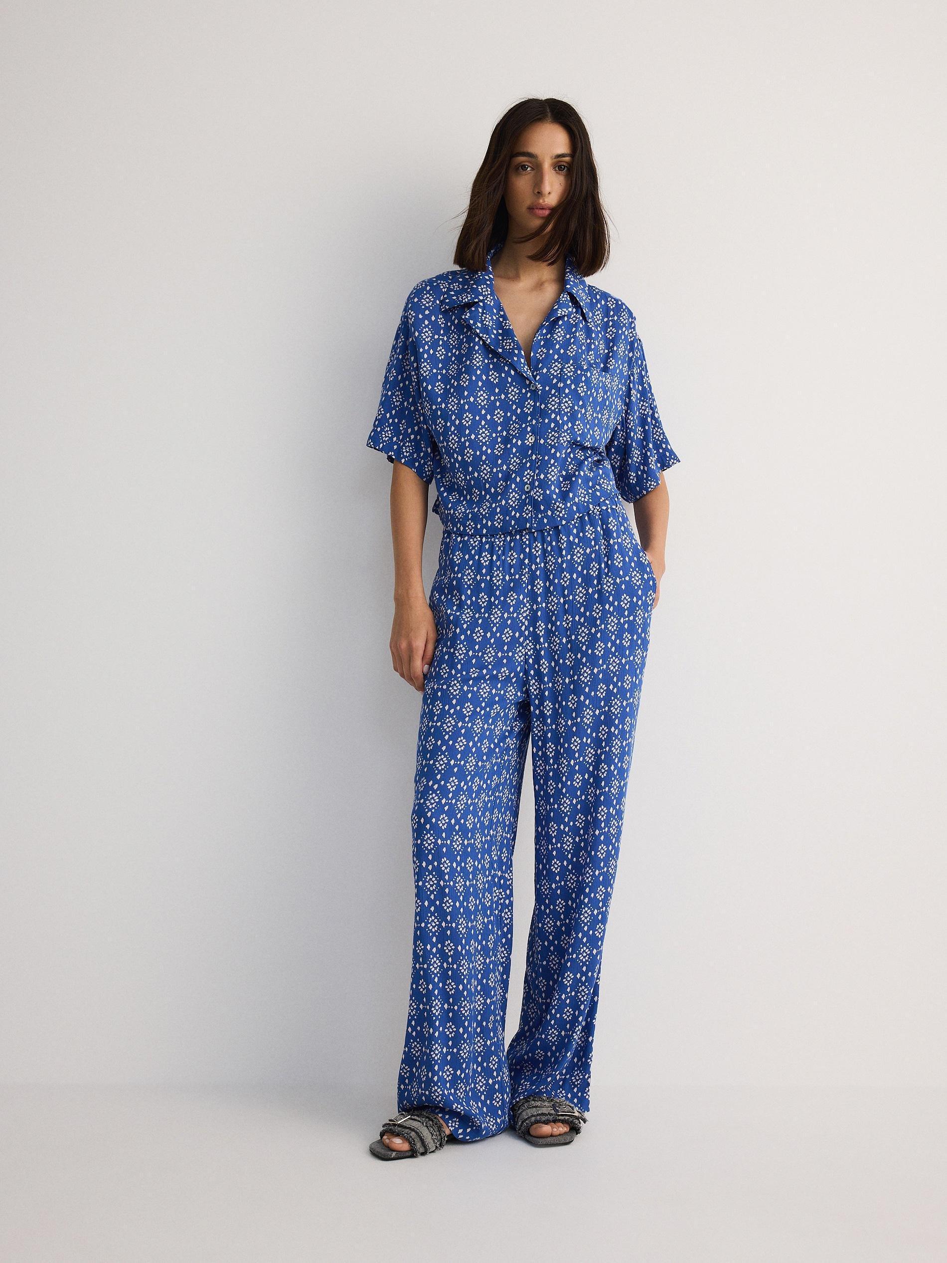 Blue Patterned Viscose Trousers, , large image number 1