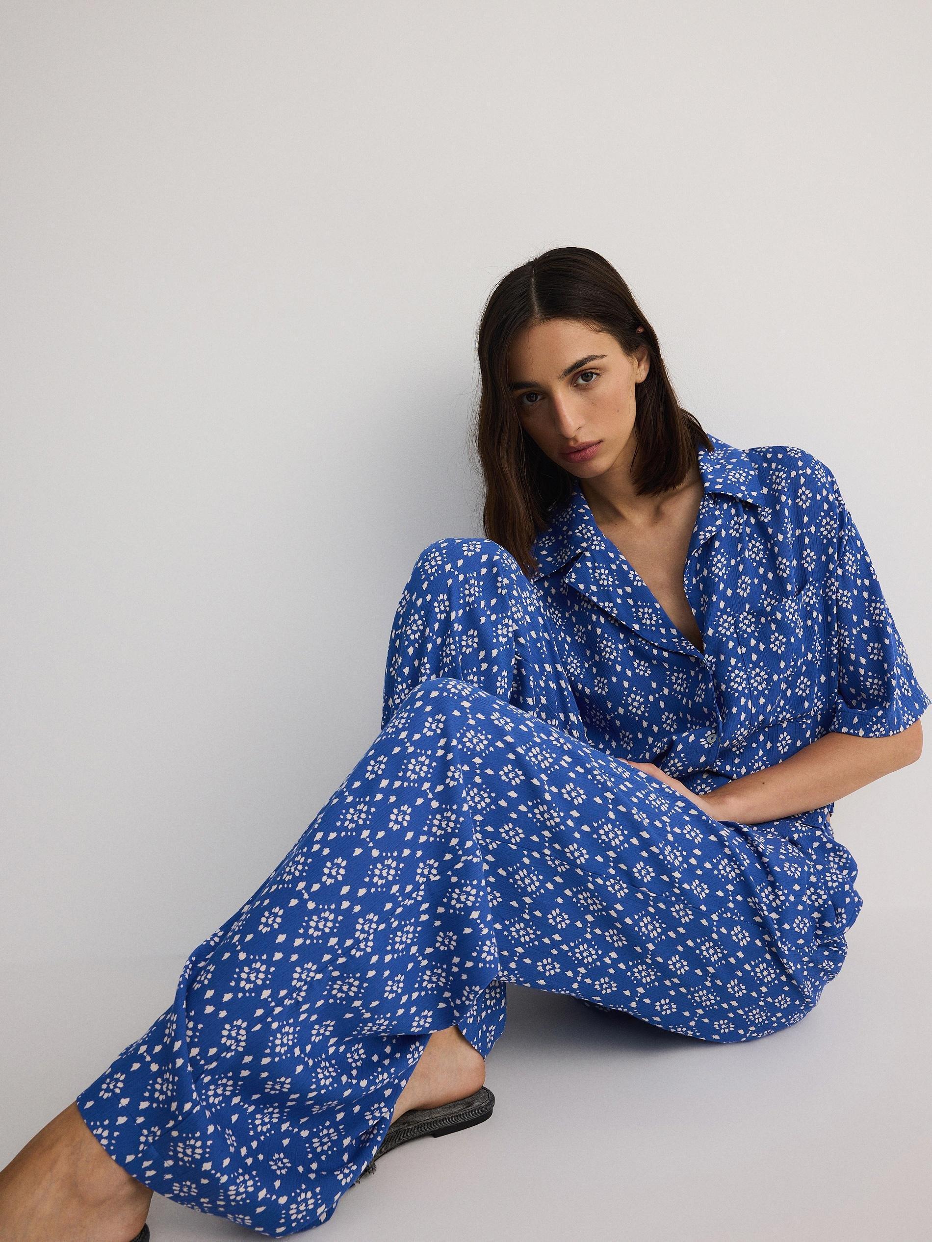 Blue Patterned Viscose Trousers, , large image number 2