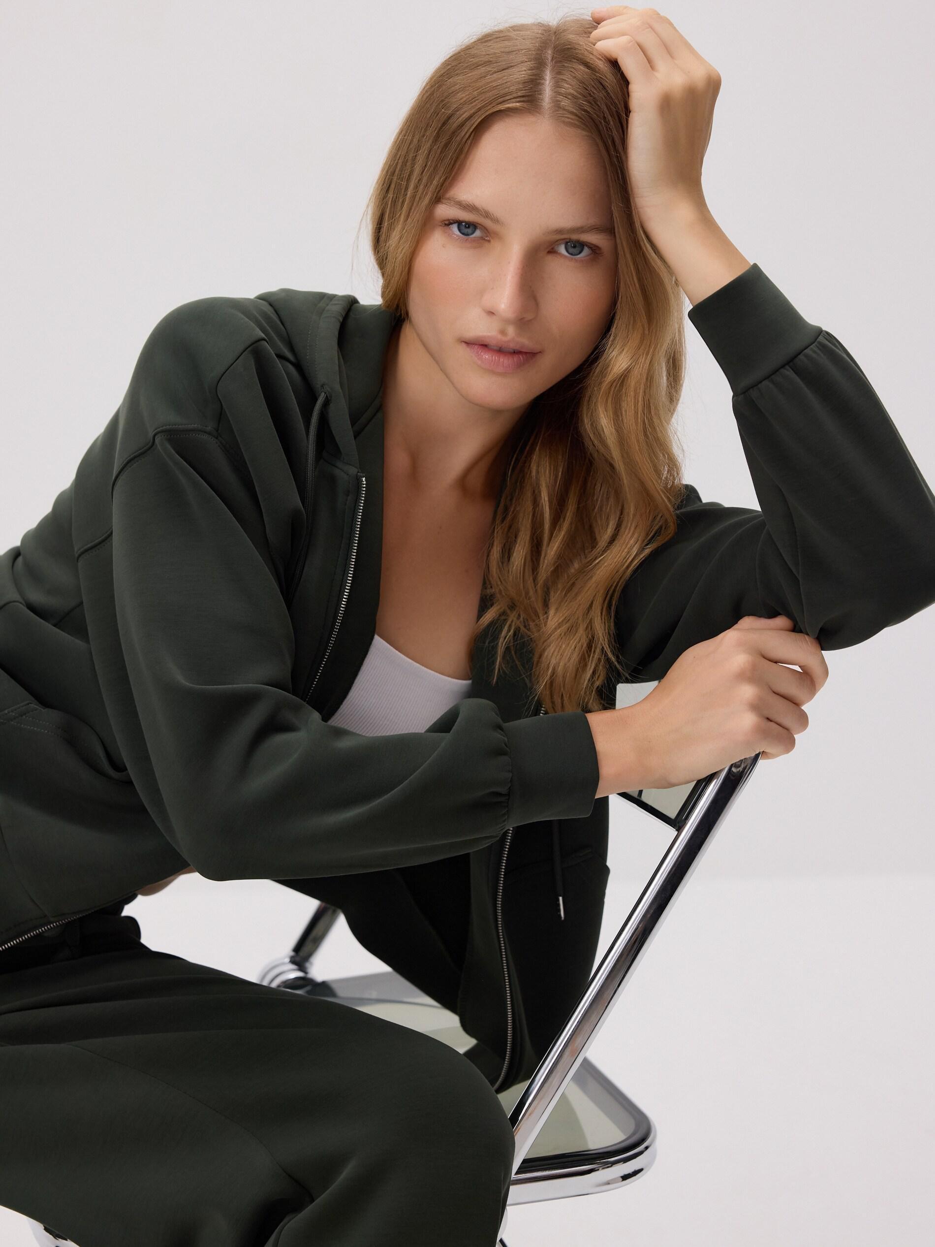 DARK GREEN Zip-up sweatshirt with modal, Khaki, medium