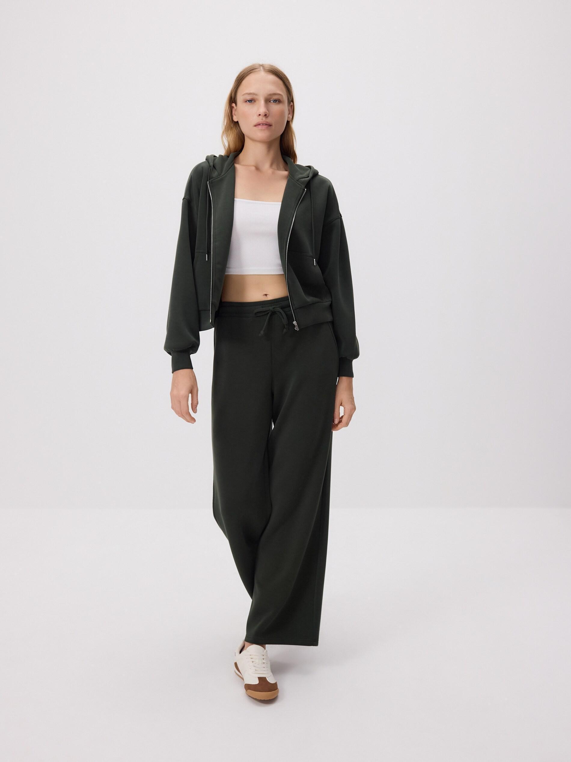 DARK GREEN Zip-up sweatshirt with modal, Khaki, large image number 1