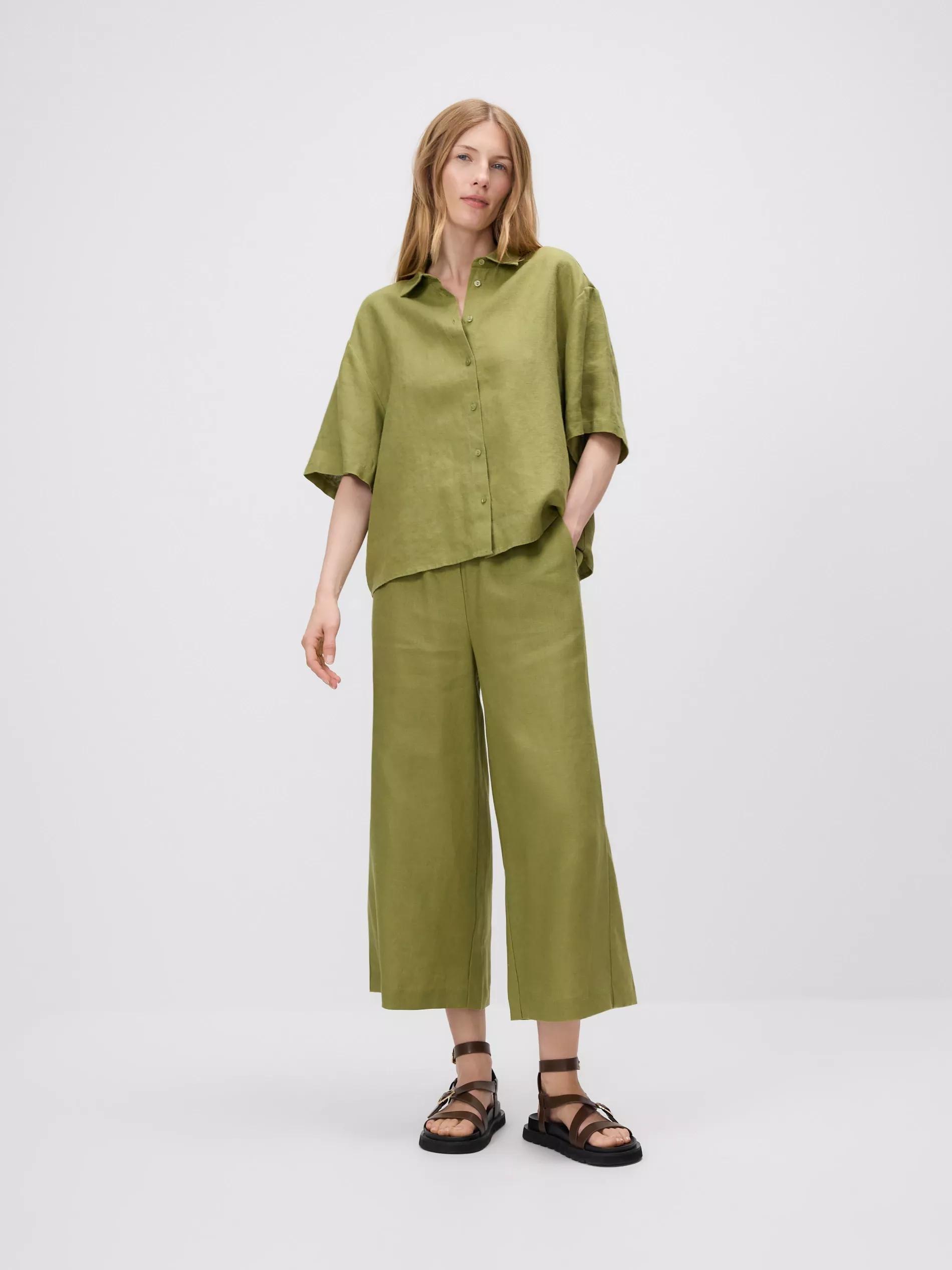 Green Linen Culotte Pants, , large image number 0