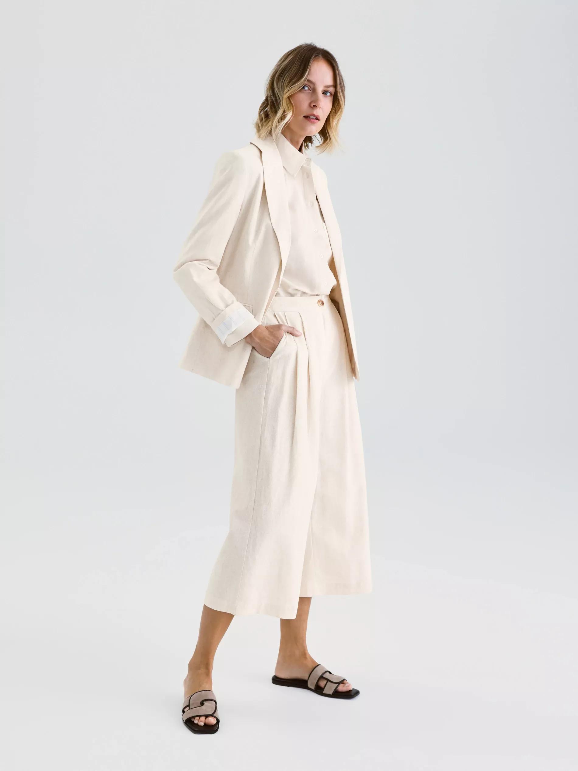 Beige Linen-Blend Culotte, Beige, large image number 1