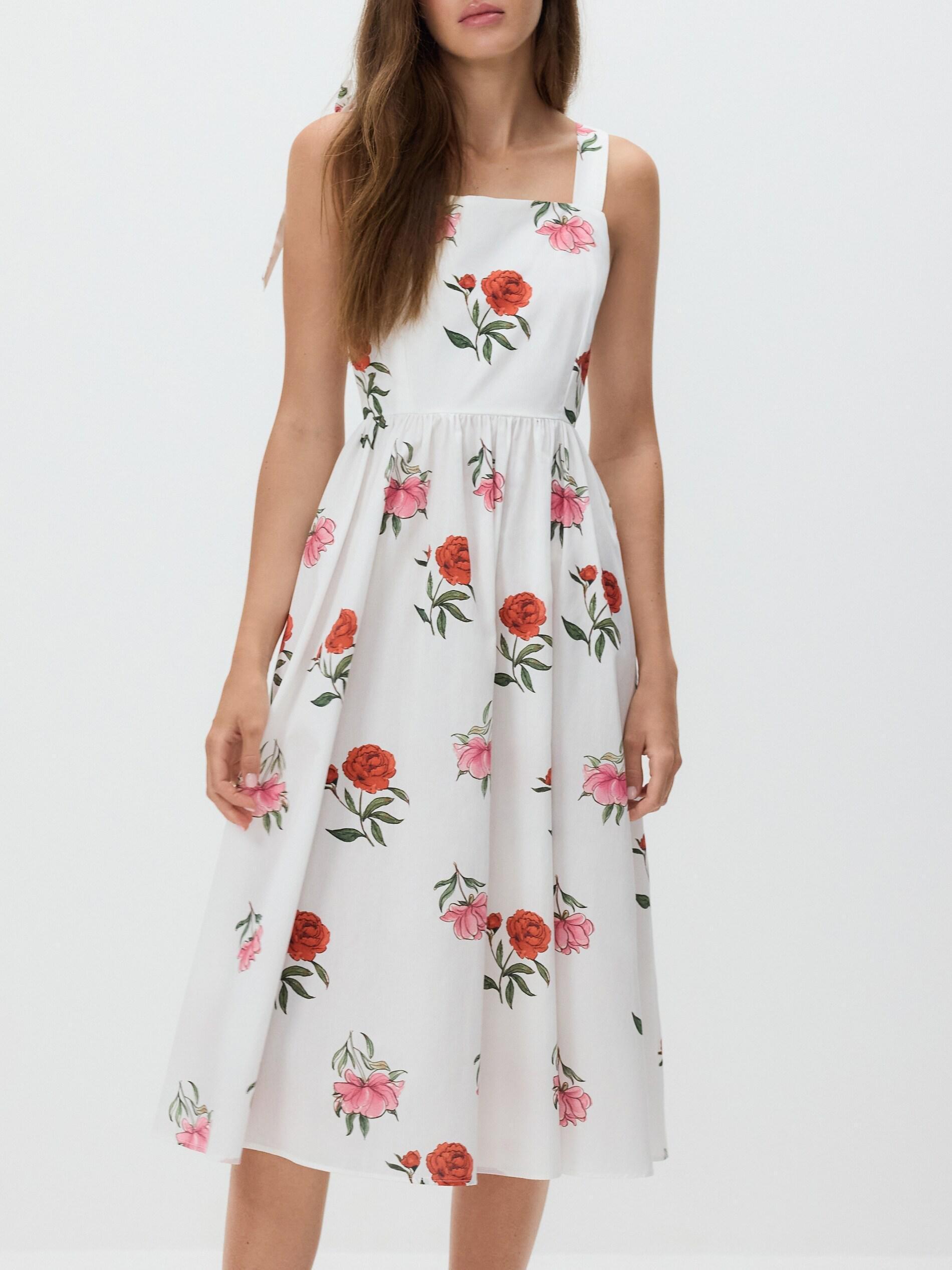 Cream Floral Print Midi Dress, Ivory, medium
