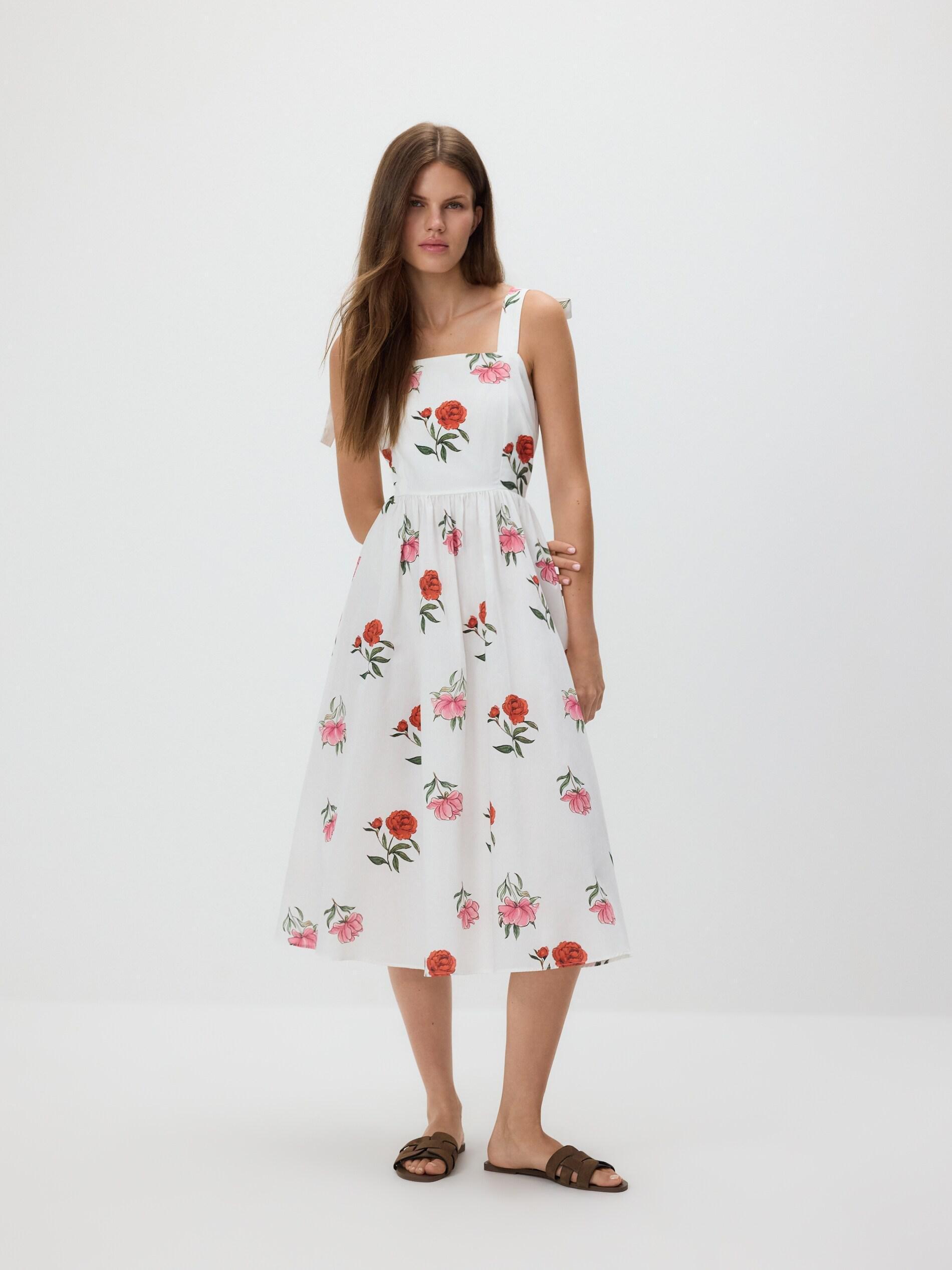 Cream Floral Print Midi Dress, Ivory, large image number 1