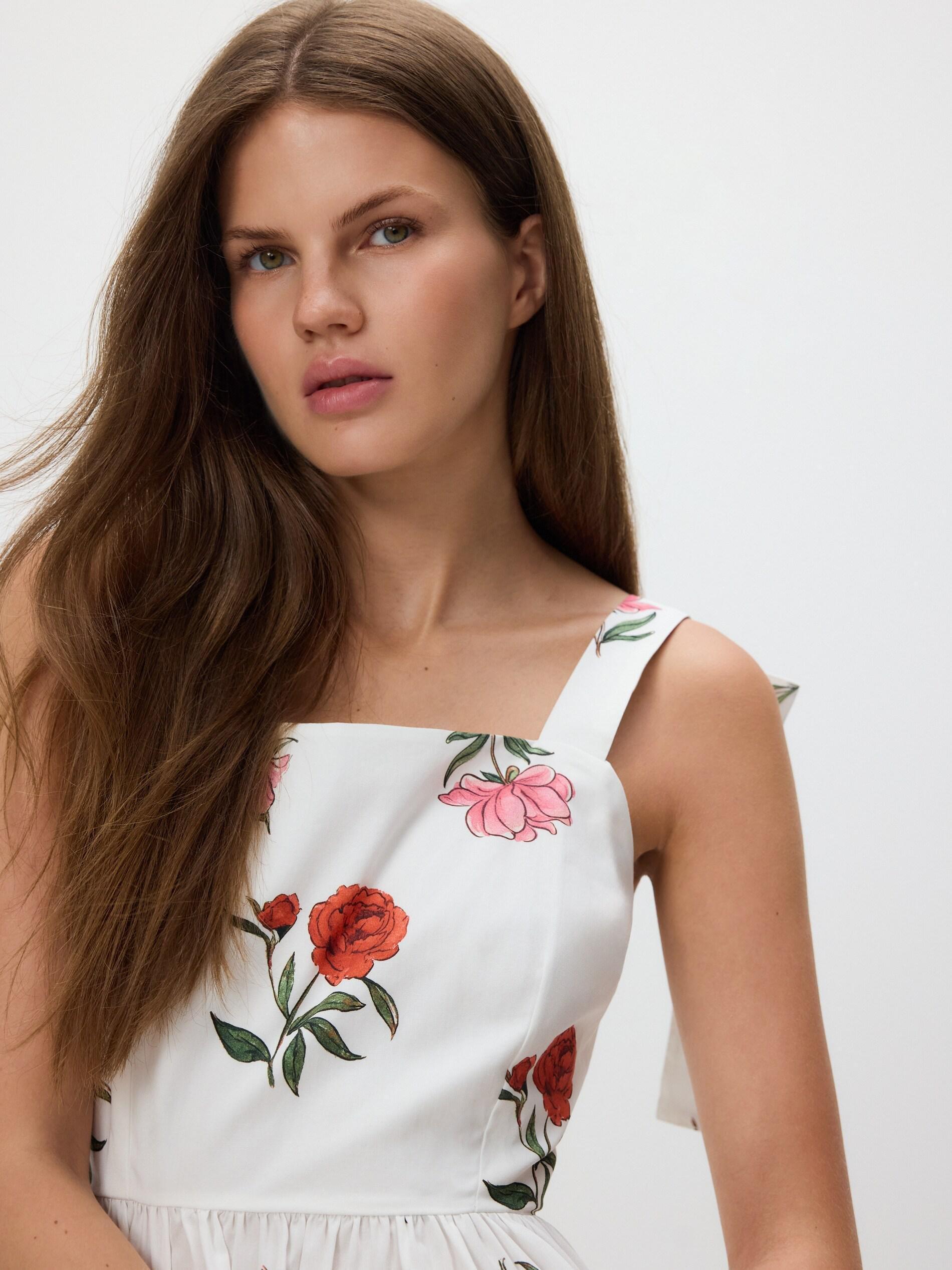 Cream Floral Print Midi Dress, Ivory, large image number 2