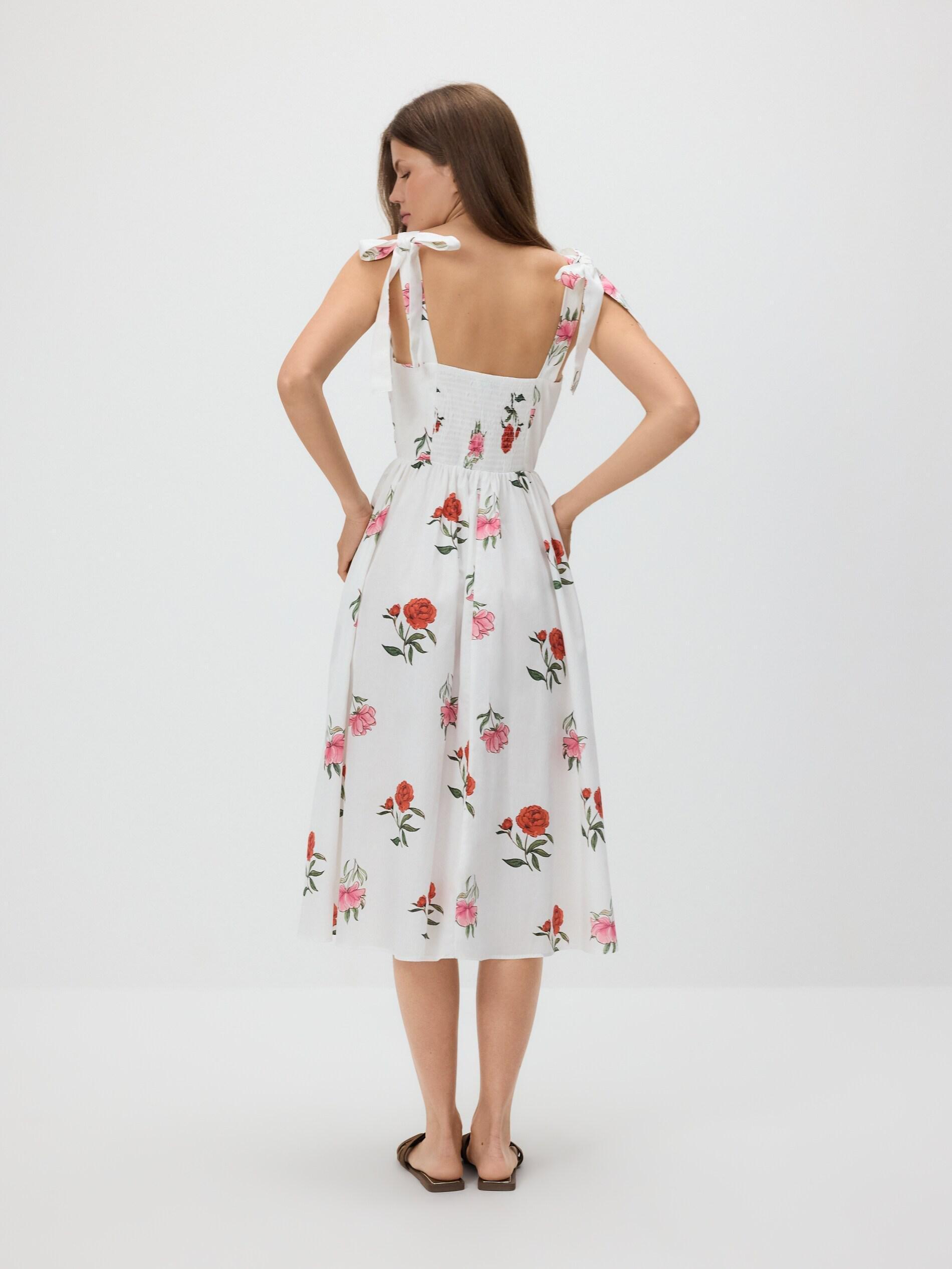 Cream Floral Print Midi Dress, Ivory, large image number 4