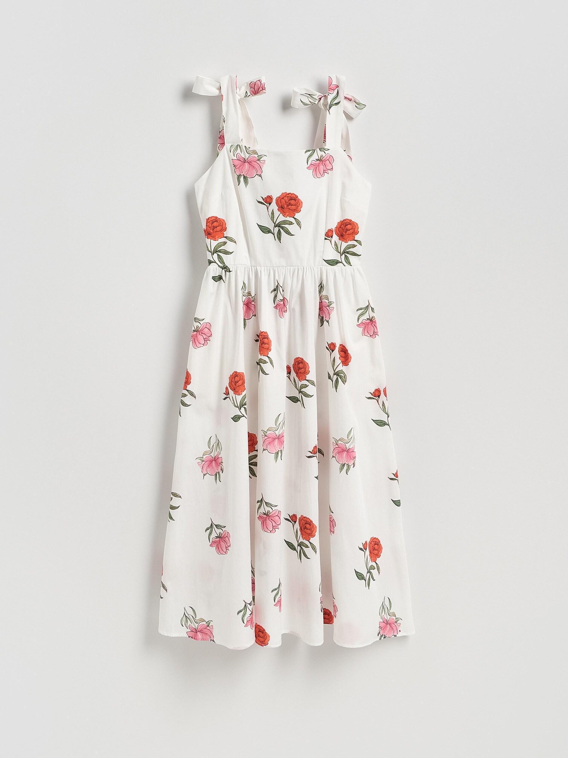 Cream Floral Print Midi Dress, Ivory, large image number 5