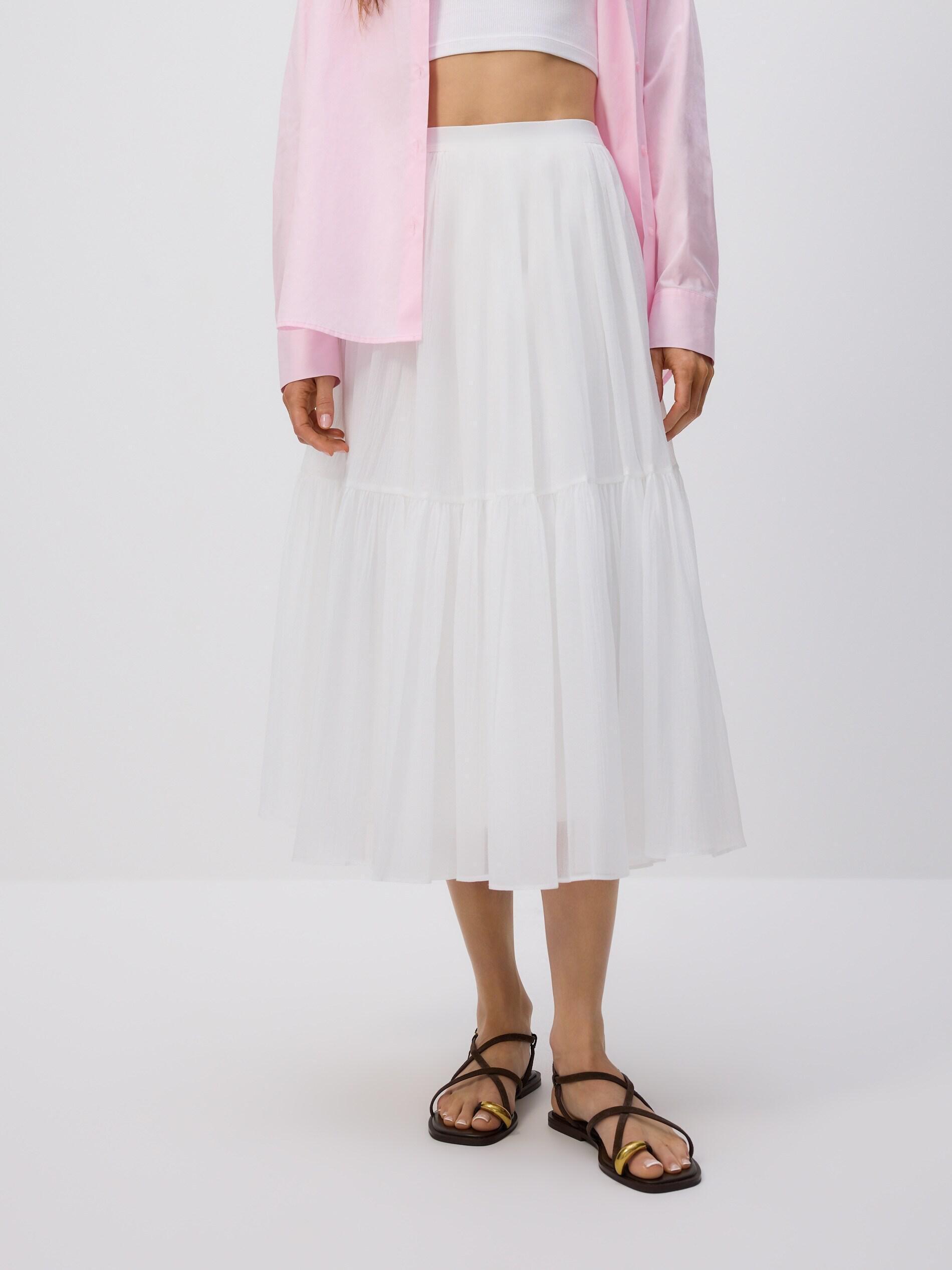 White Midi Skirt With Ruffles, White, medium