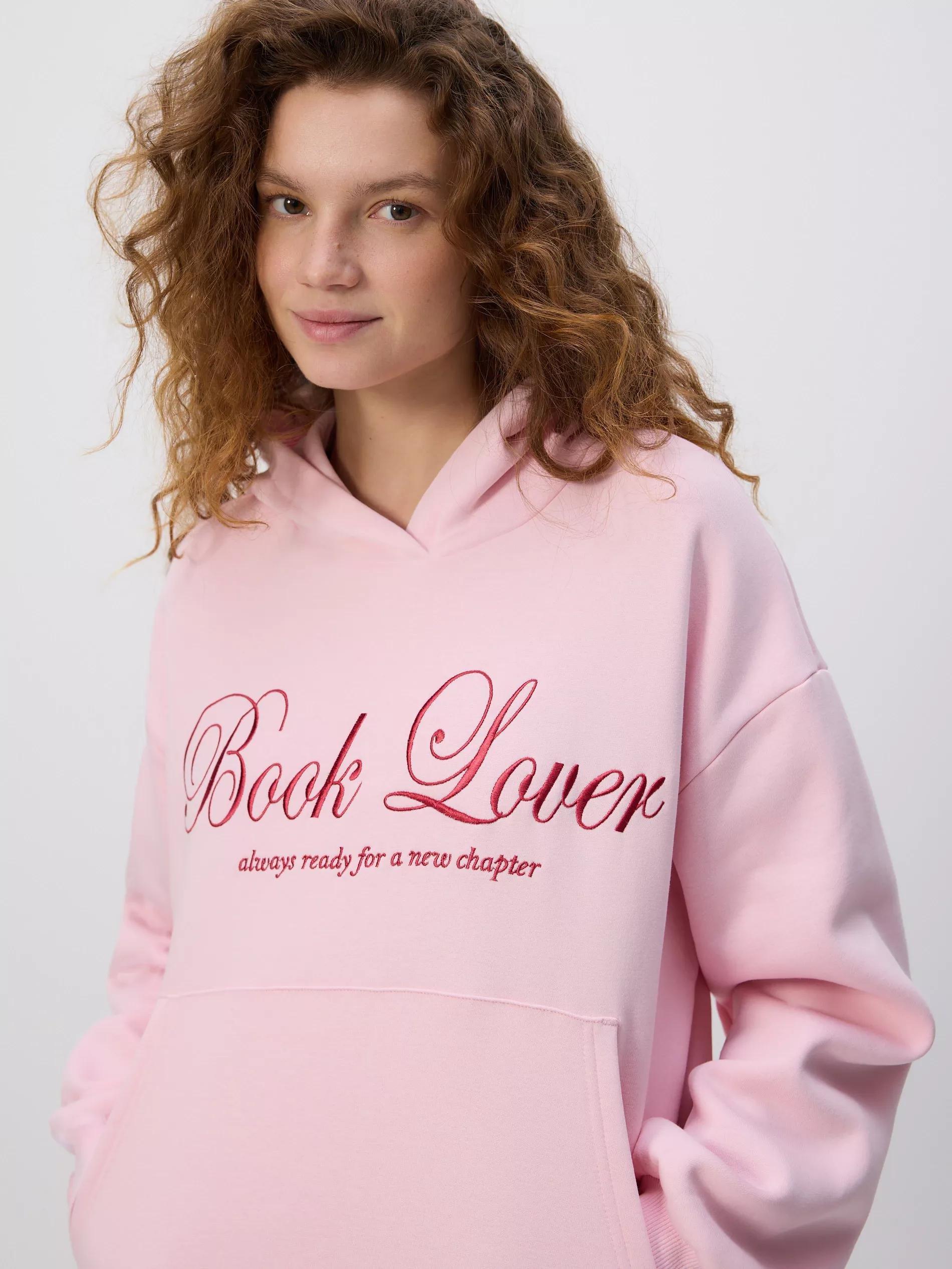 Pink Hoodie With Embroidered Slogan, Pink, large image number 0