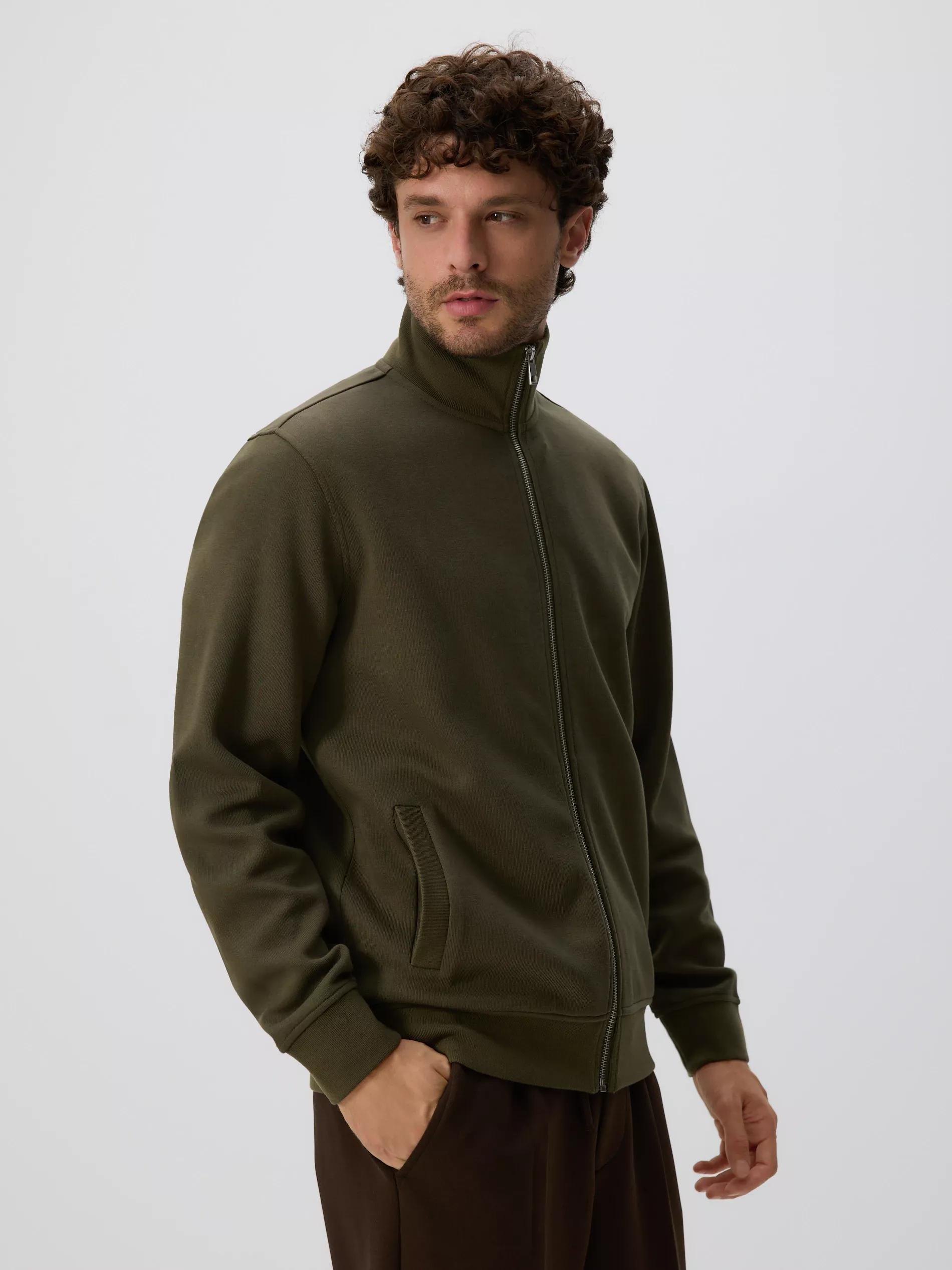Green Plain Sweatshirt With Stand Up Collar, Khaki, large image number 0