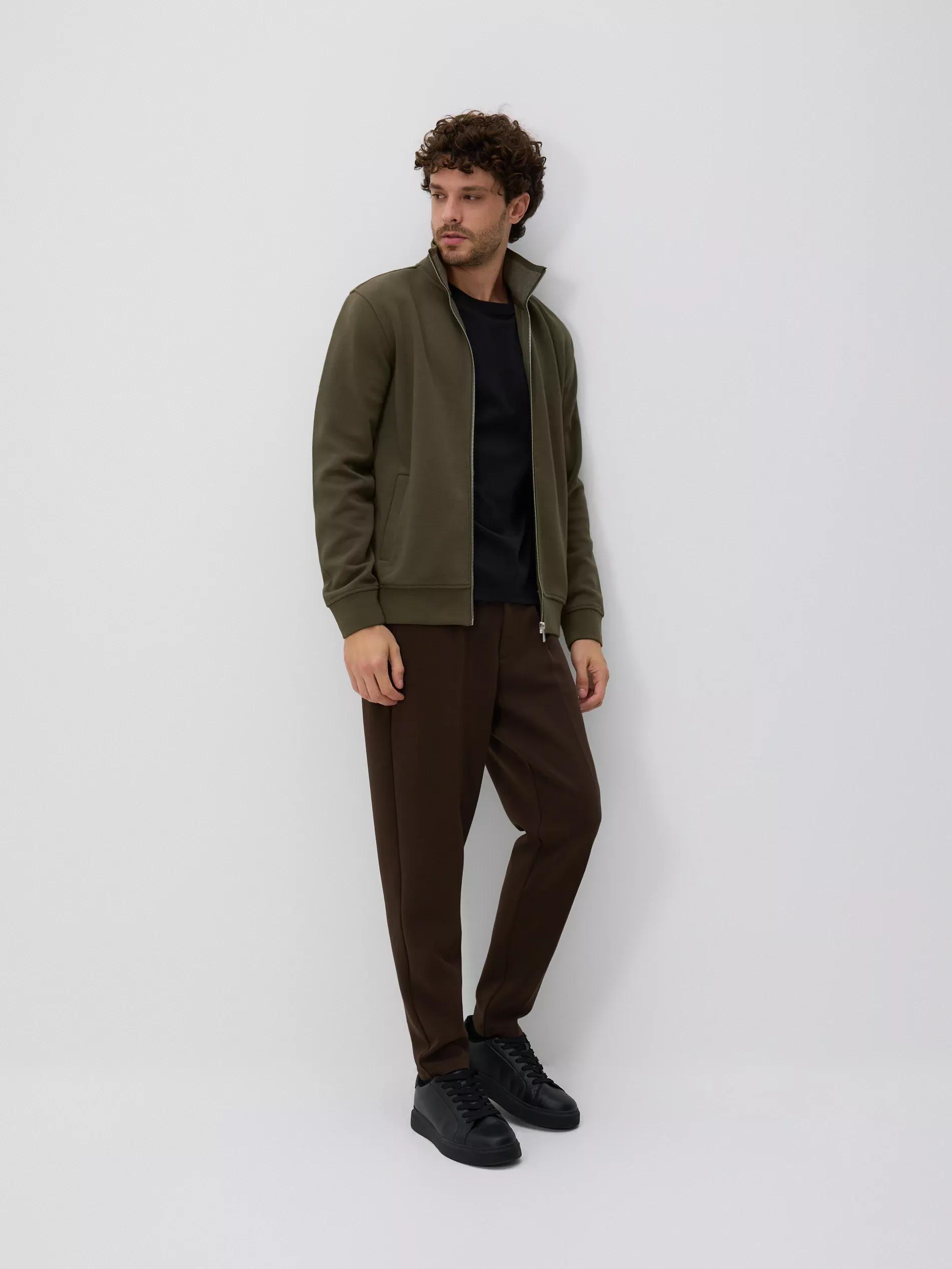 Green Plain Sweatshirt With Stand Up Collar, Khaki, medium