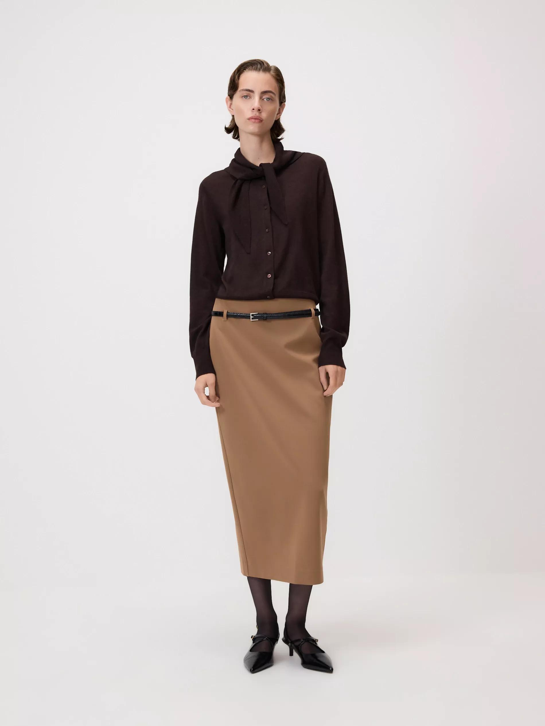 Golden Brown Midi Skirt With Belt, , large image number 0