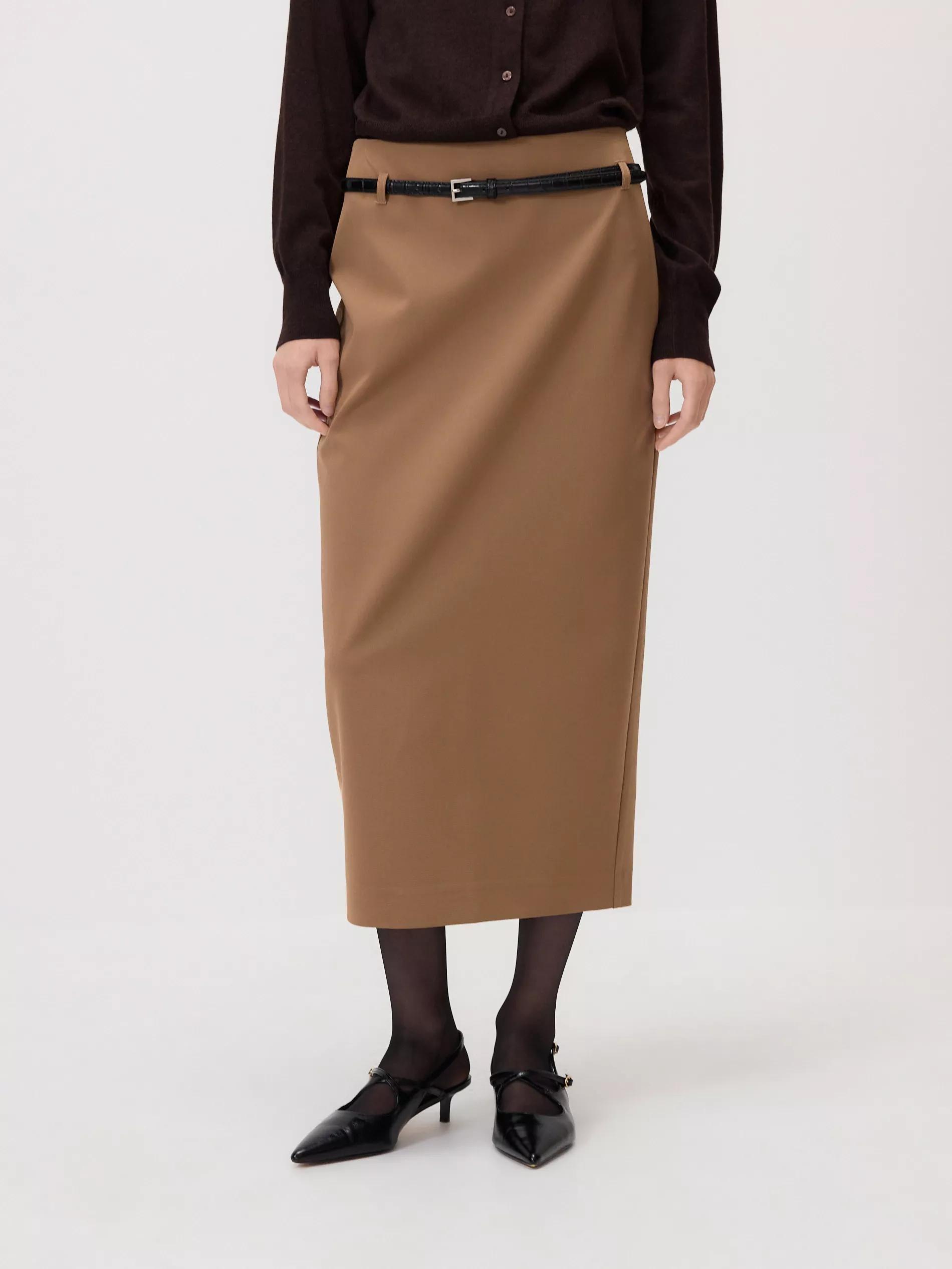 Golden Brown Midi Skirt With Belt, , large image number 1
