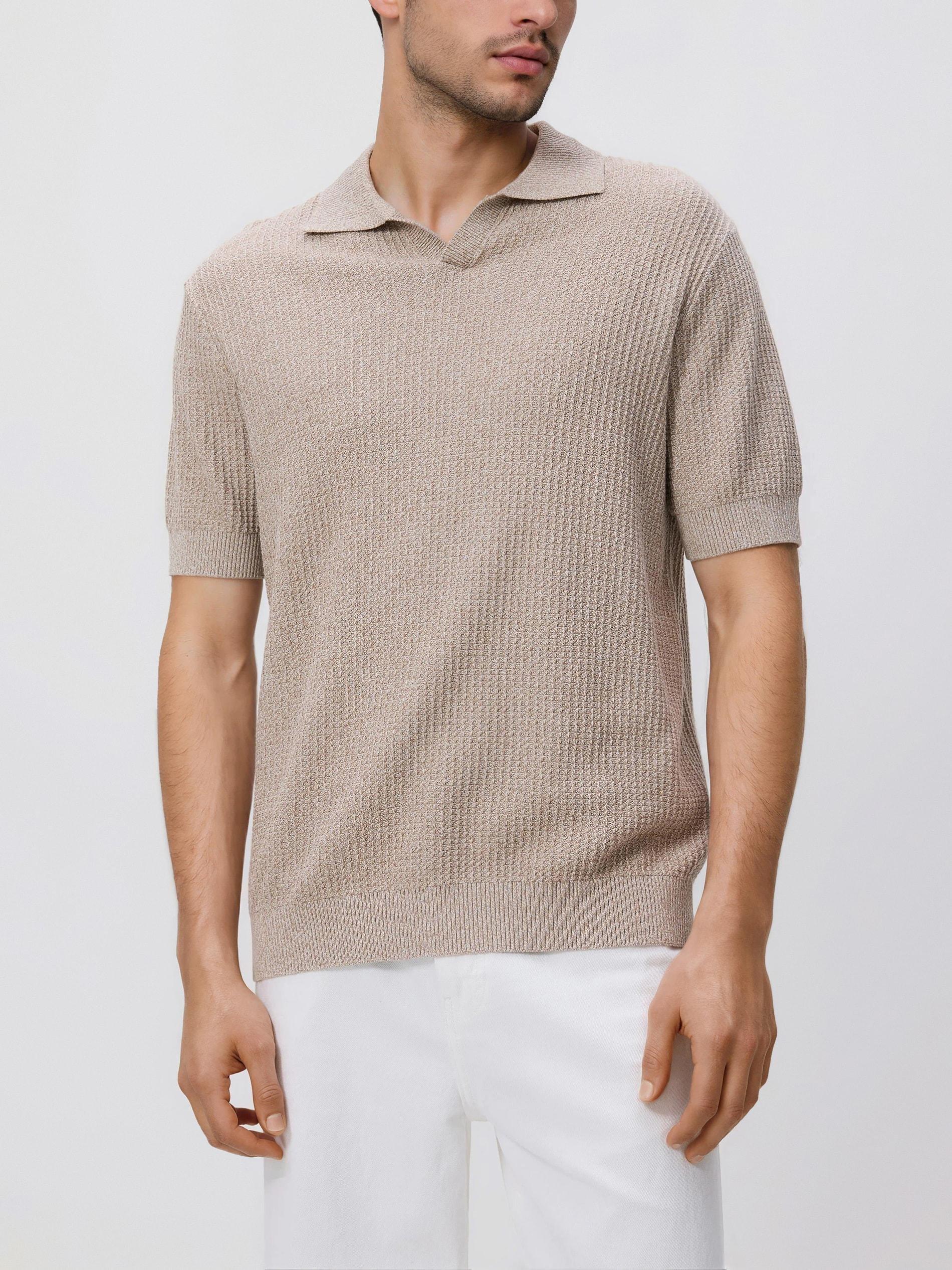 Beige Structural Fabric Polo Jumper, Beige, medium