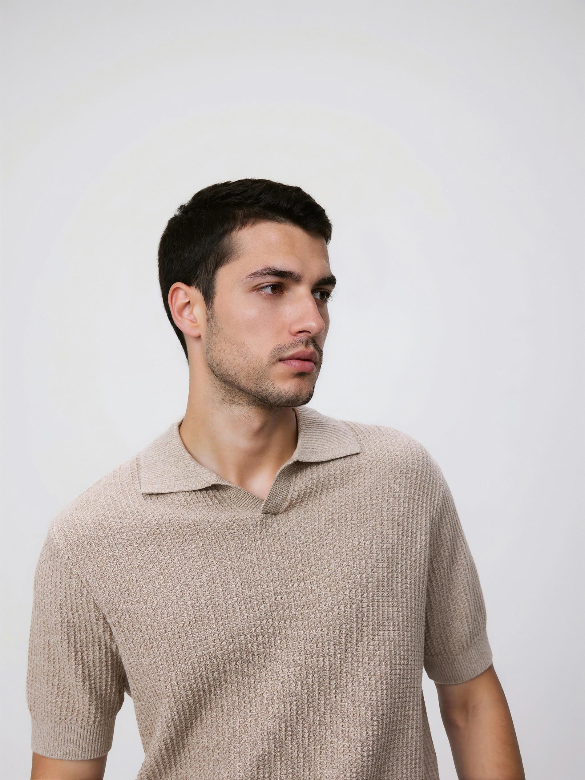 Beige Structural Fabric Polo Jumper, Beige, medium