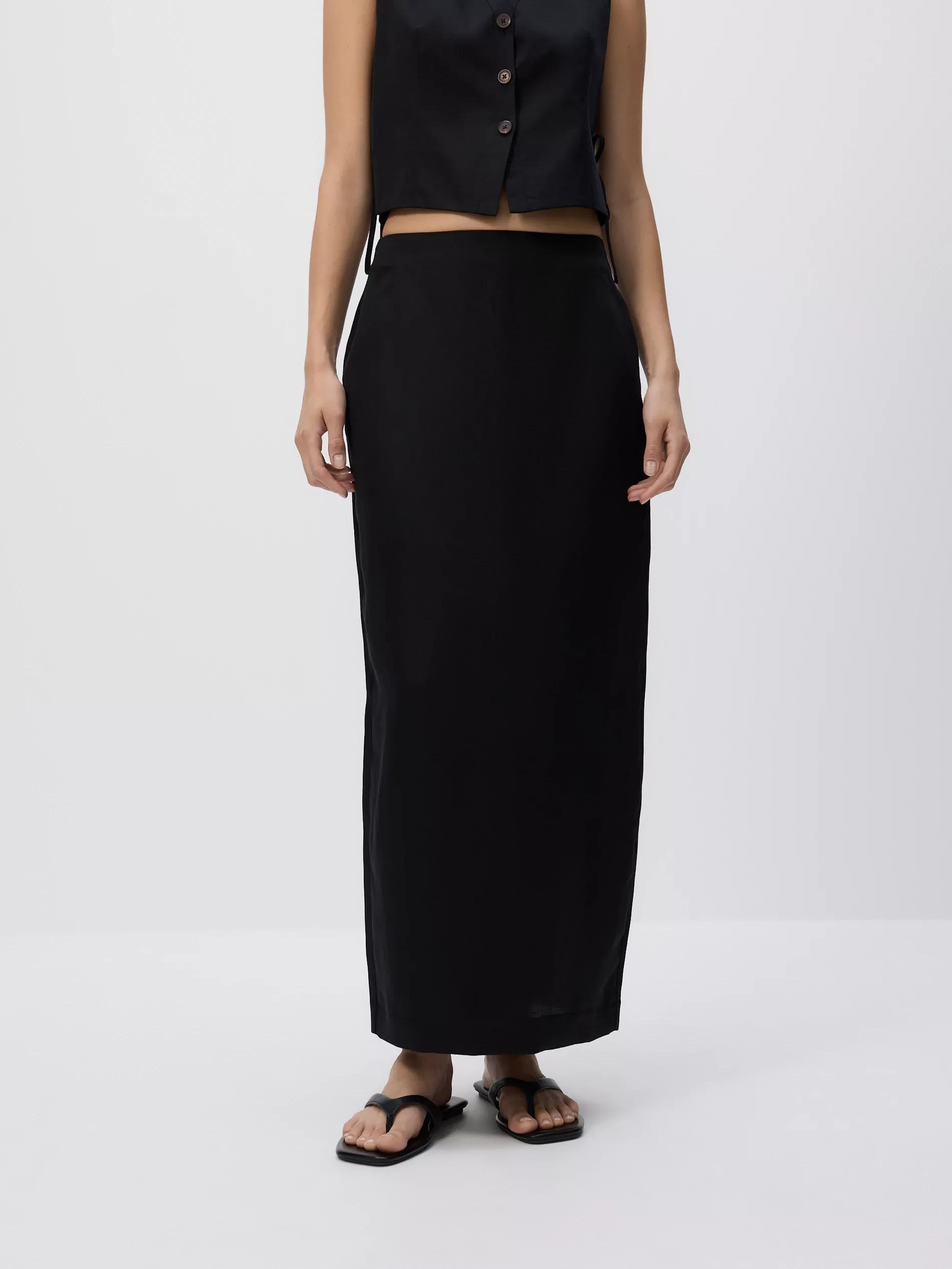 BLACK Linen blend midi skirt, , large image number 0