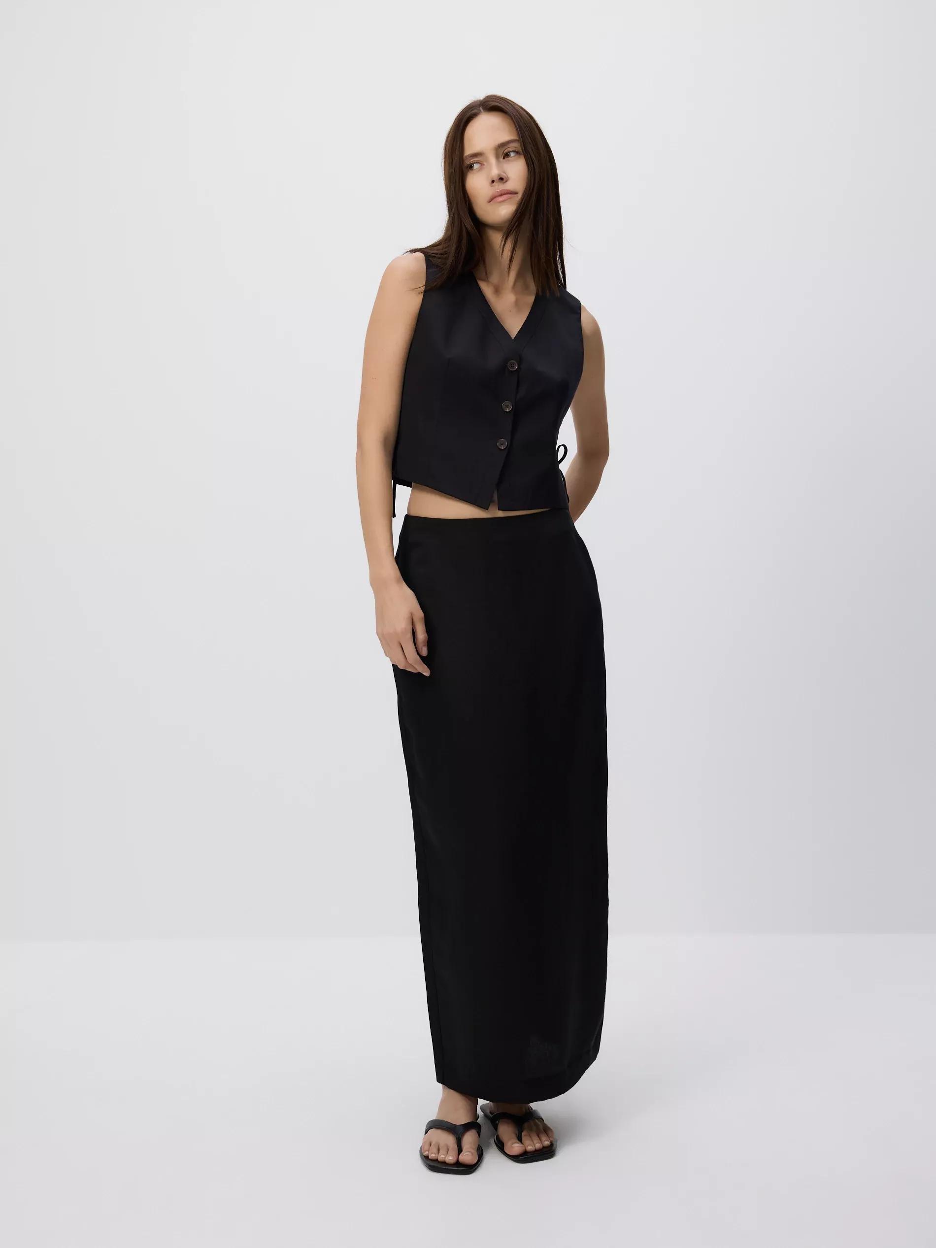 BLACK Linen blend midi skirt, , large image number 1