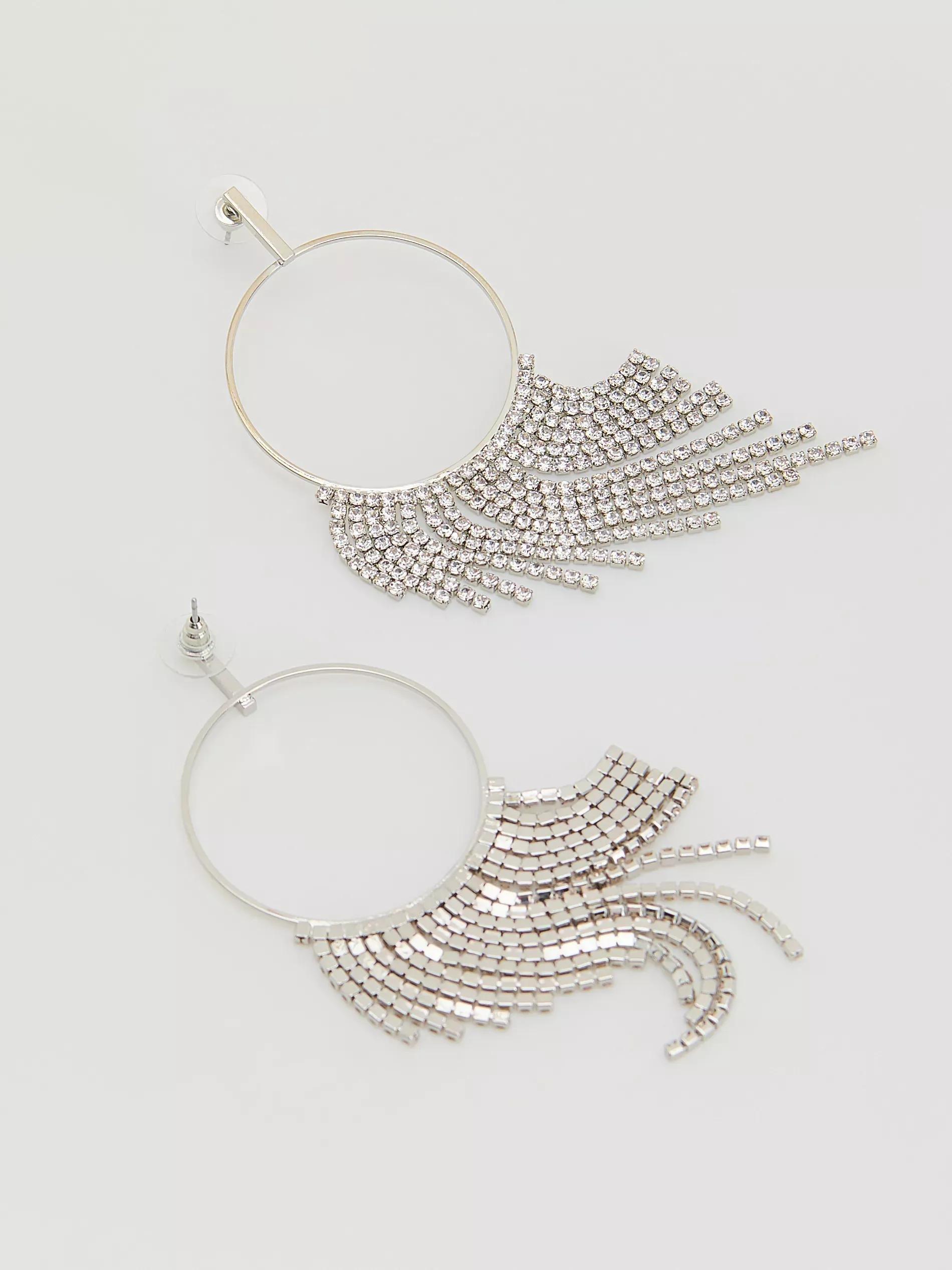 Silver Earrings With Crystals, Silver, medium